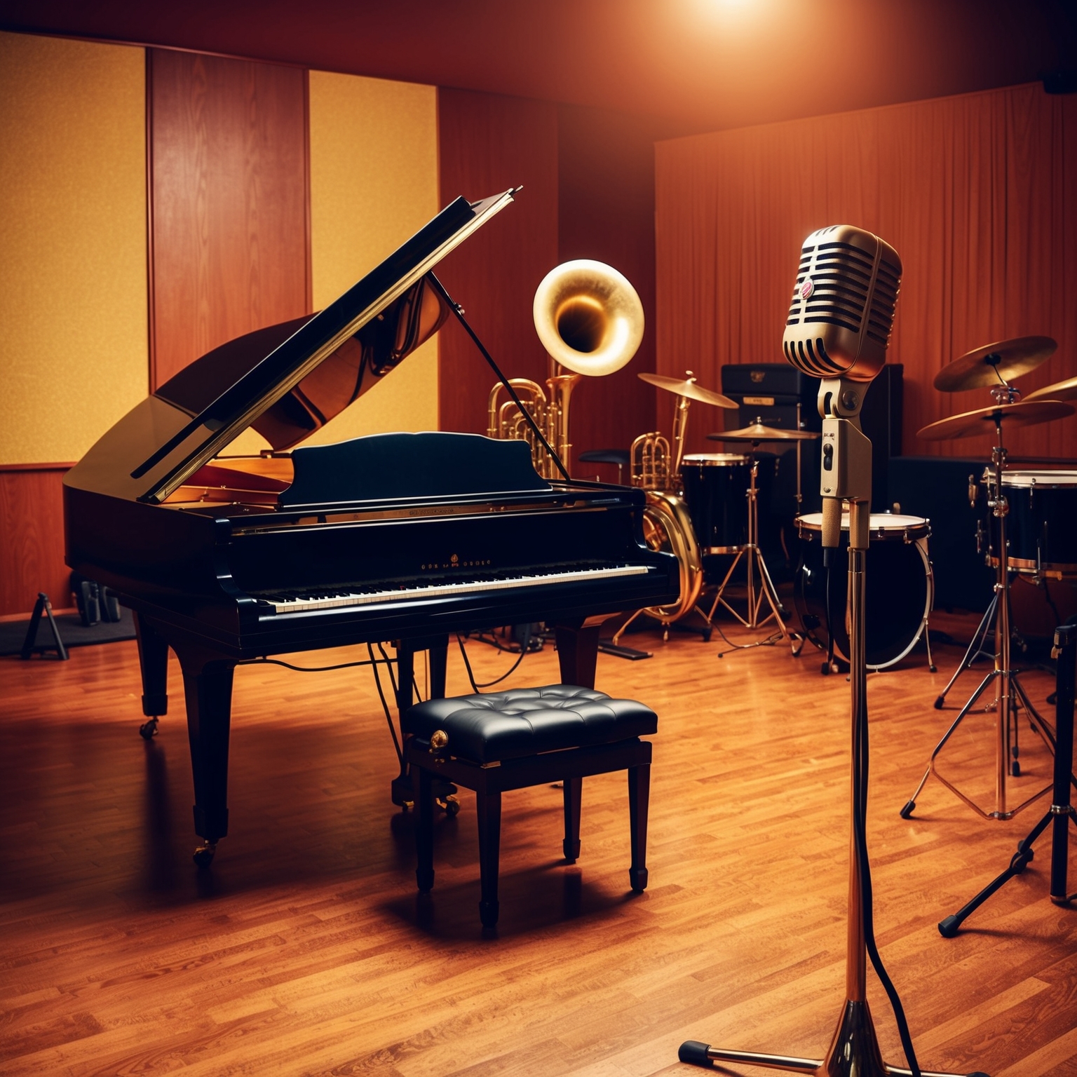 A vintage recording studio with a 1960s vibe, featuring a grand piano, brass instruments, and a classic microphone. The scene should have a warm glow evocative of the era