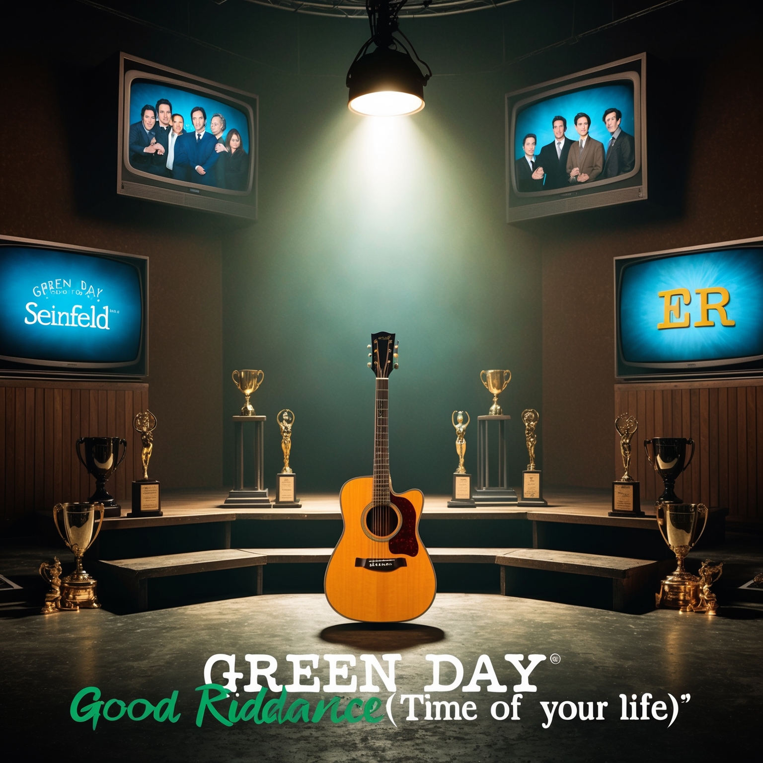 Create an image of a vintage stage with a spotlight highlighting a classic acoustic guitar, symbolizing Green Day