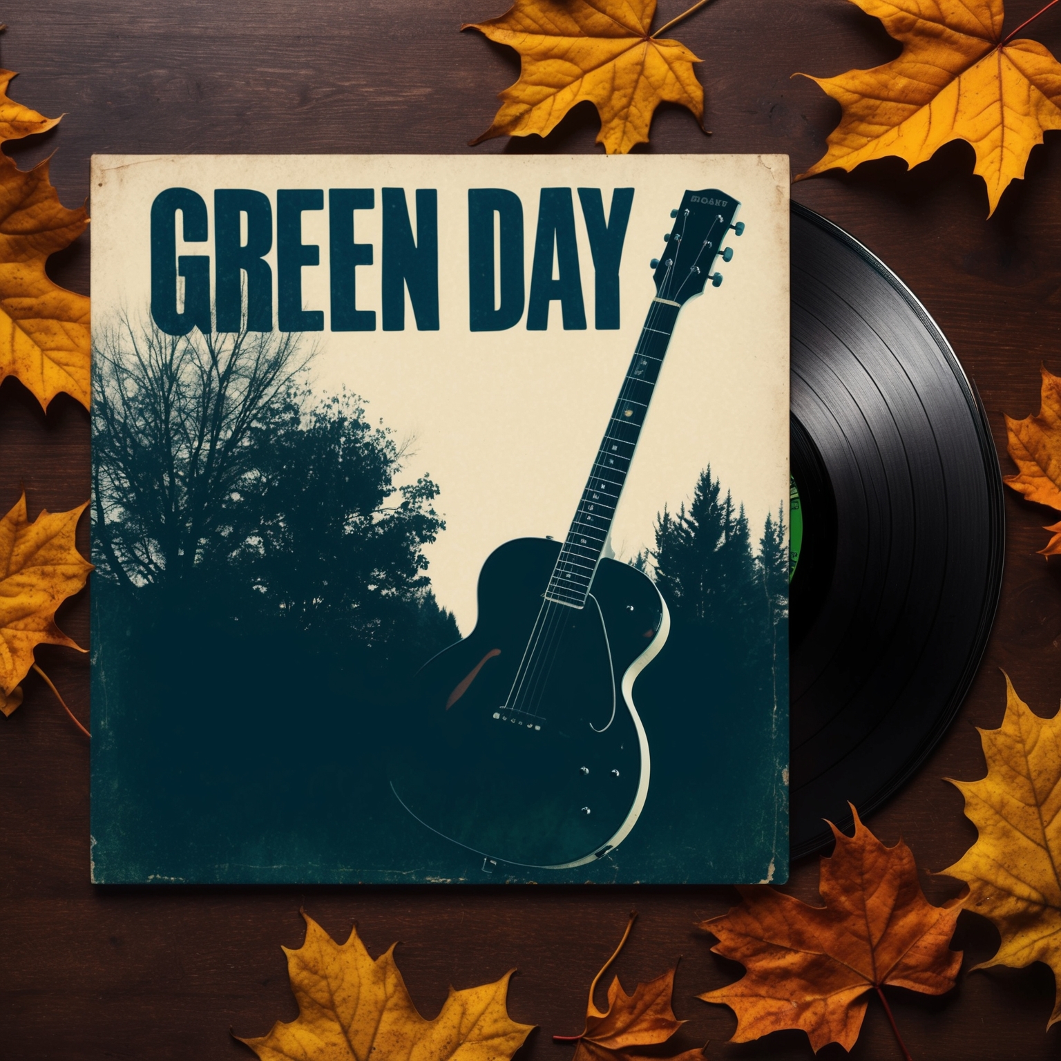 A retro-styled vinyl cover of a classic Green Day album with the silhouette of a guitar and autumn leaves, exuding a nostalgic and reflective feel, reminiscent of the late 90s music era.