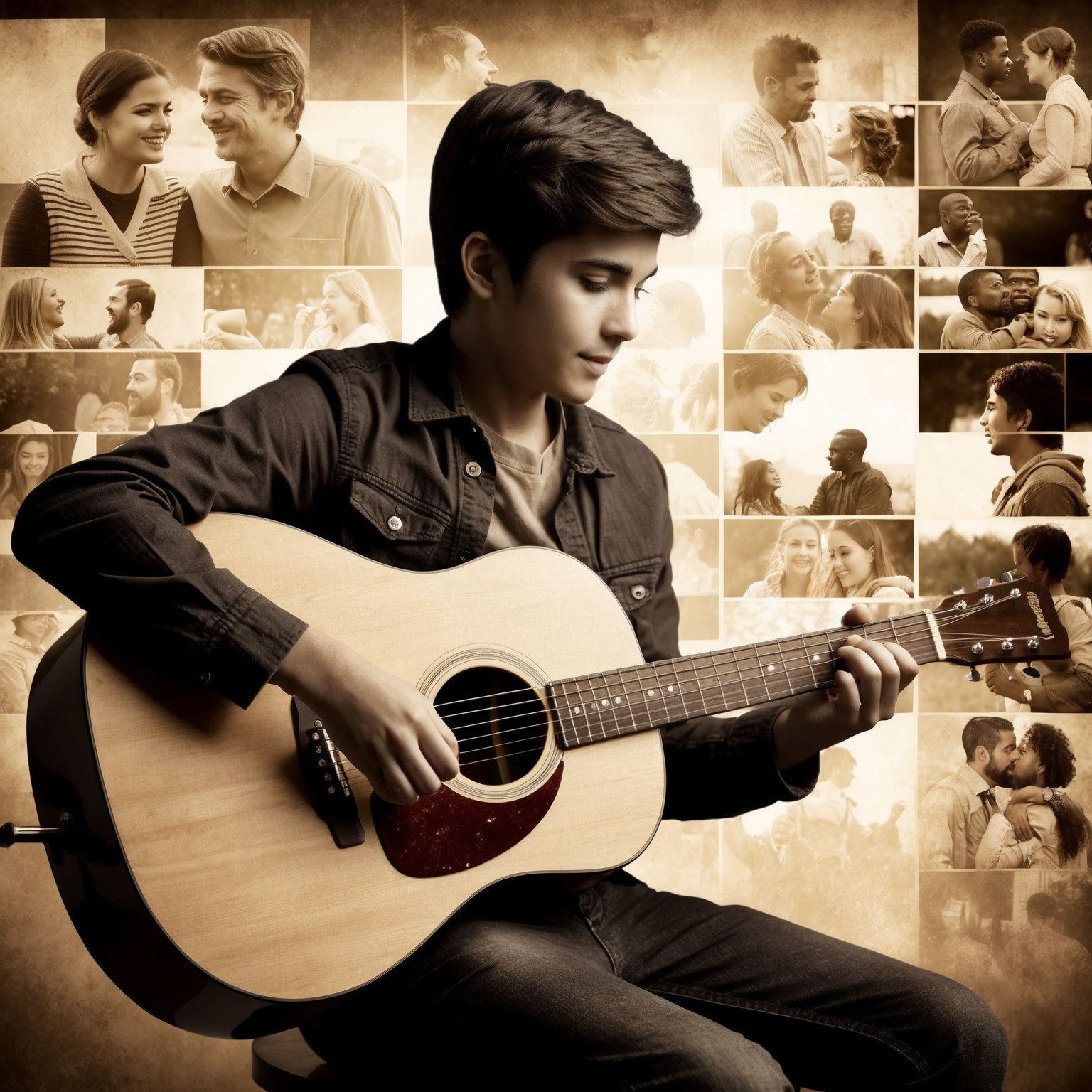 Create an image capturing a sepia-toned scene of a young musician thoughtfully playing an acoustic guitar. The background should depict a montage of various people experiencing meaningful, reflective life moments, capturing the essence of nostalgia and retrospection.