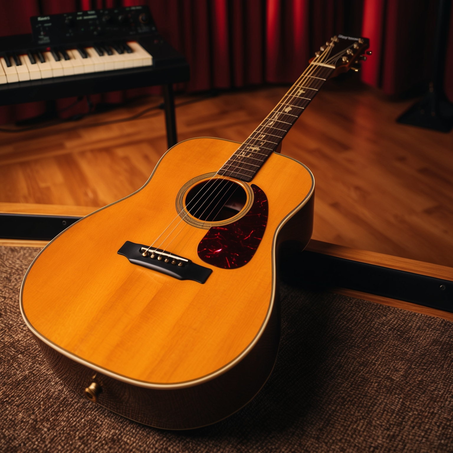 an acoustic guitar resting in an intimate recording studio setting, vibrant glowing strings of an instrument blending harmoniously, captures the essence of a poignant and reflective song creation, echoes of an iconic 1990s music session with a touch of solemn warmth