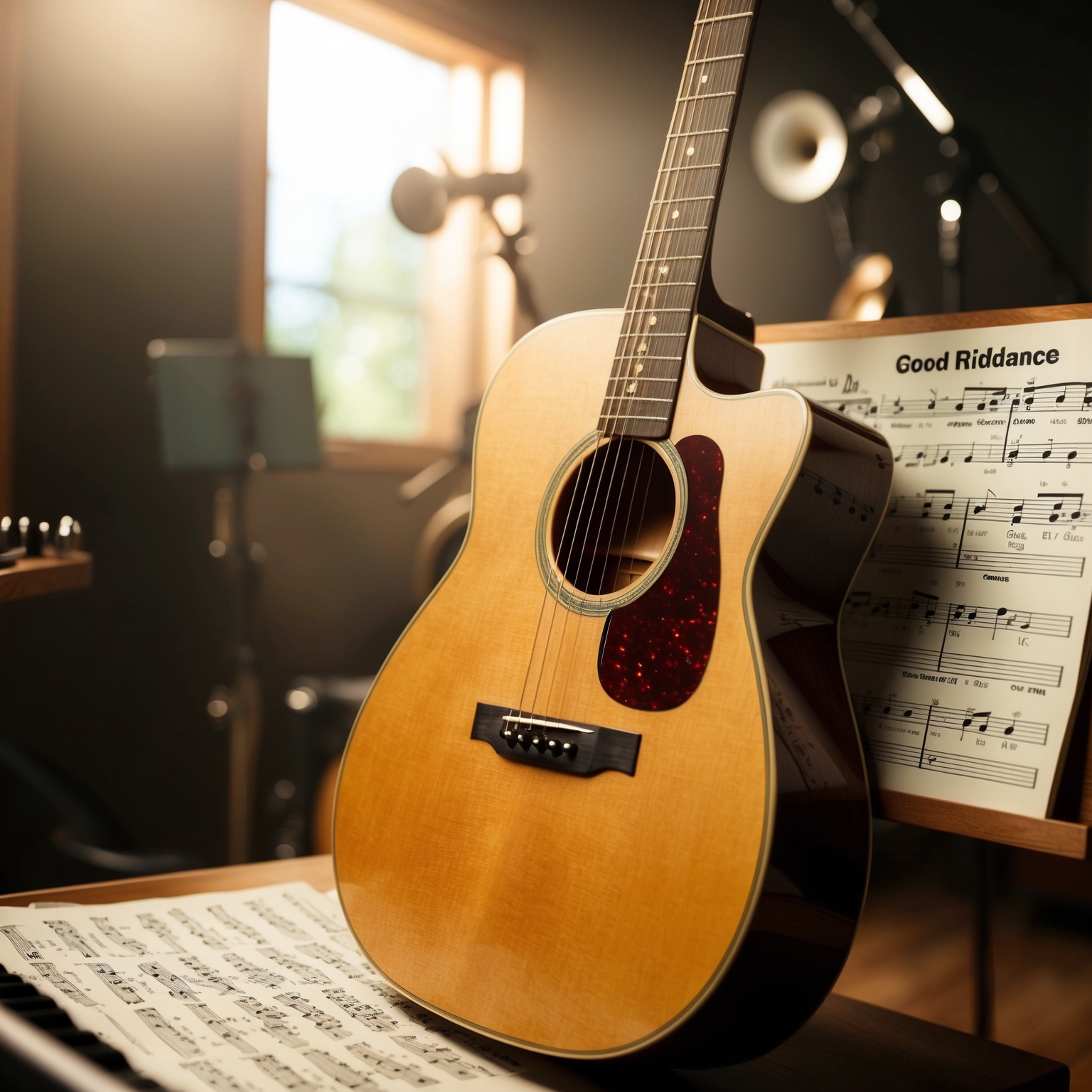 An acoustic guitar with sheet music of 