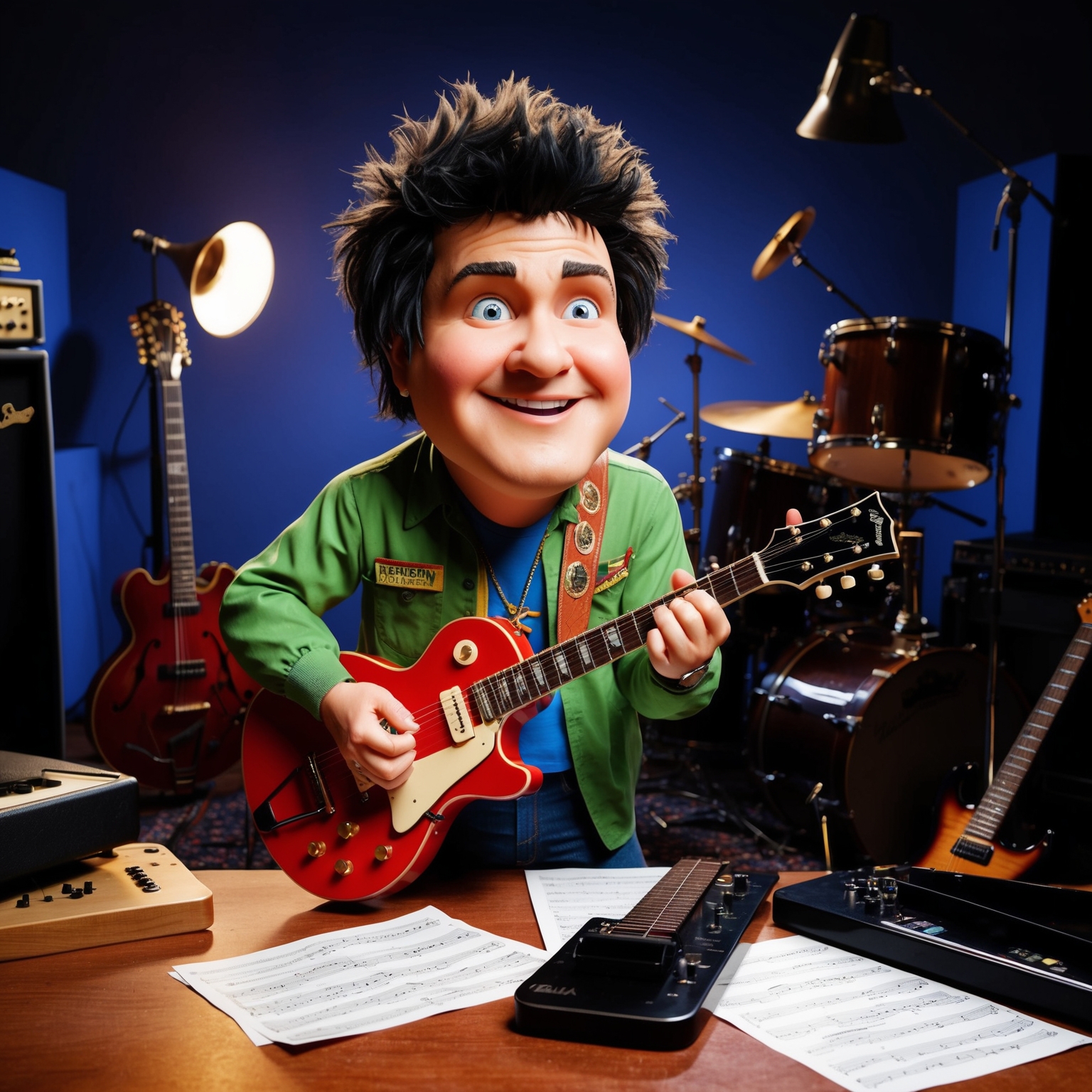 An animated portrait of Billie Joe Armstrong in a studio, surrounded by musical instruments. There