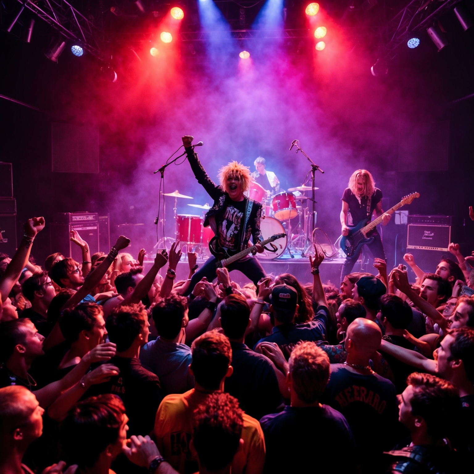 A vibrant, energetic 90s concert scene with a packed audience, spotlight on a punk-rock band playing passionately, capturing the essence of youth and rebellion.