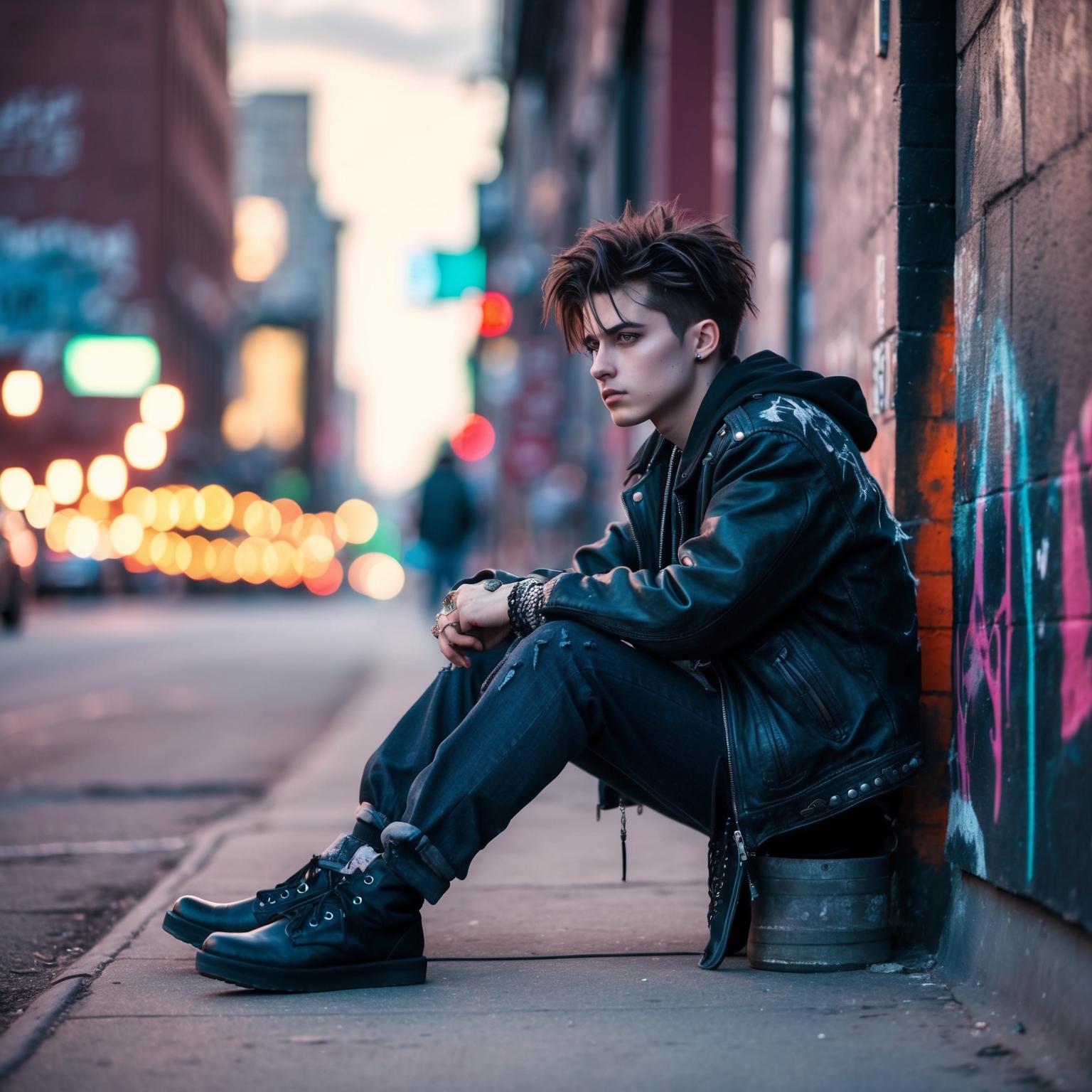 A grunge-inspired scene depicting a young adult in deep contemplation, set against an urban backdrop. The figure is styled in mid-1990s punk attire, sitting on a city sidewalk with a distant, reflective gaze. Surrounding elements include graffiti-covered walls and softly blurred city lights, evoking themes of youthful introspection and modern romance.