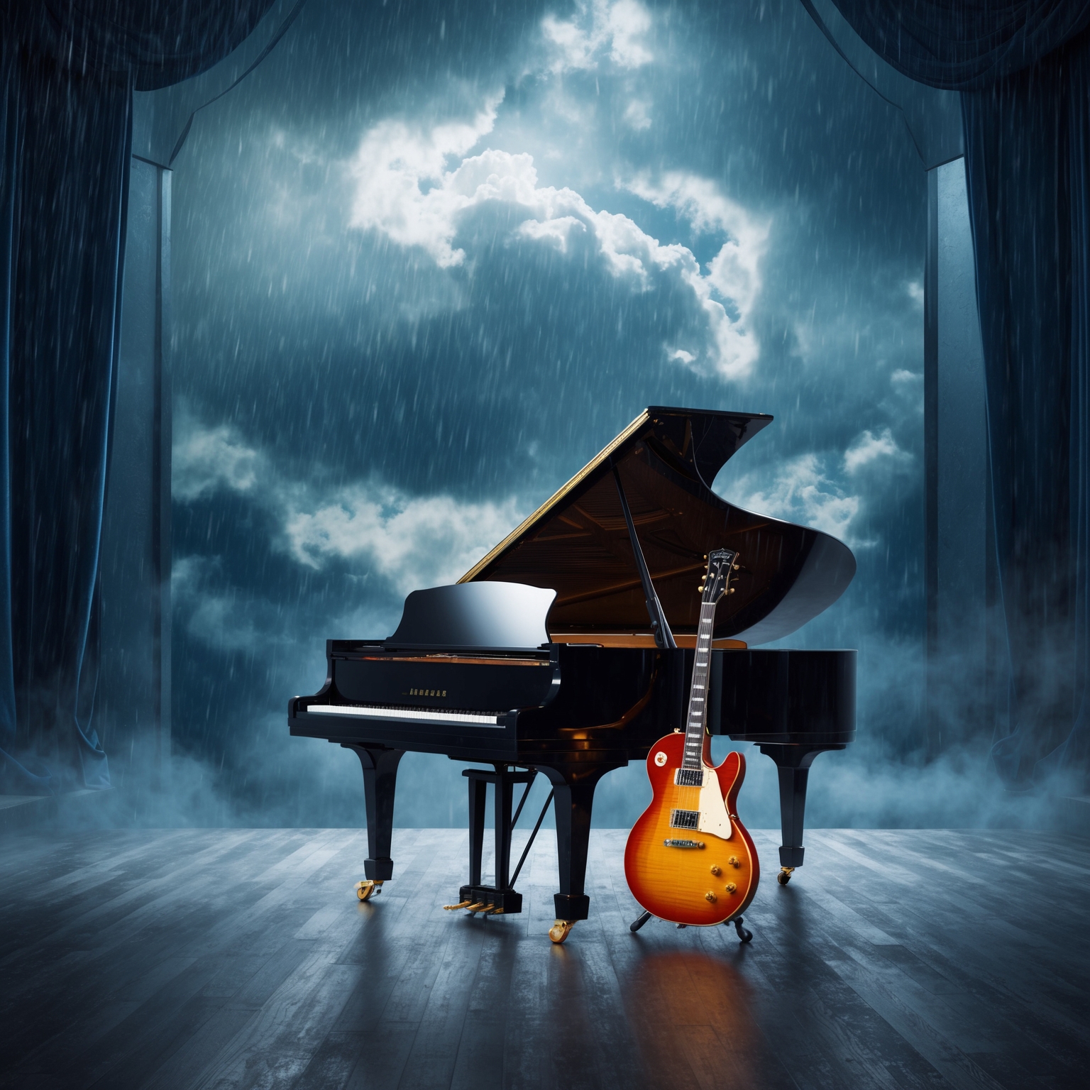 Generate an artistic depiction of a grand stage with a piano and electric guitar, set against a dramatic backdrop of clouds and rain. The atmosphere should convey a blend of rock and classical symphony, with visual hints of epic storytelling, reminiscent of monumental concert performances in an iconic recording studio setting.