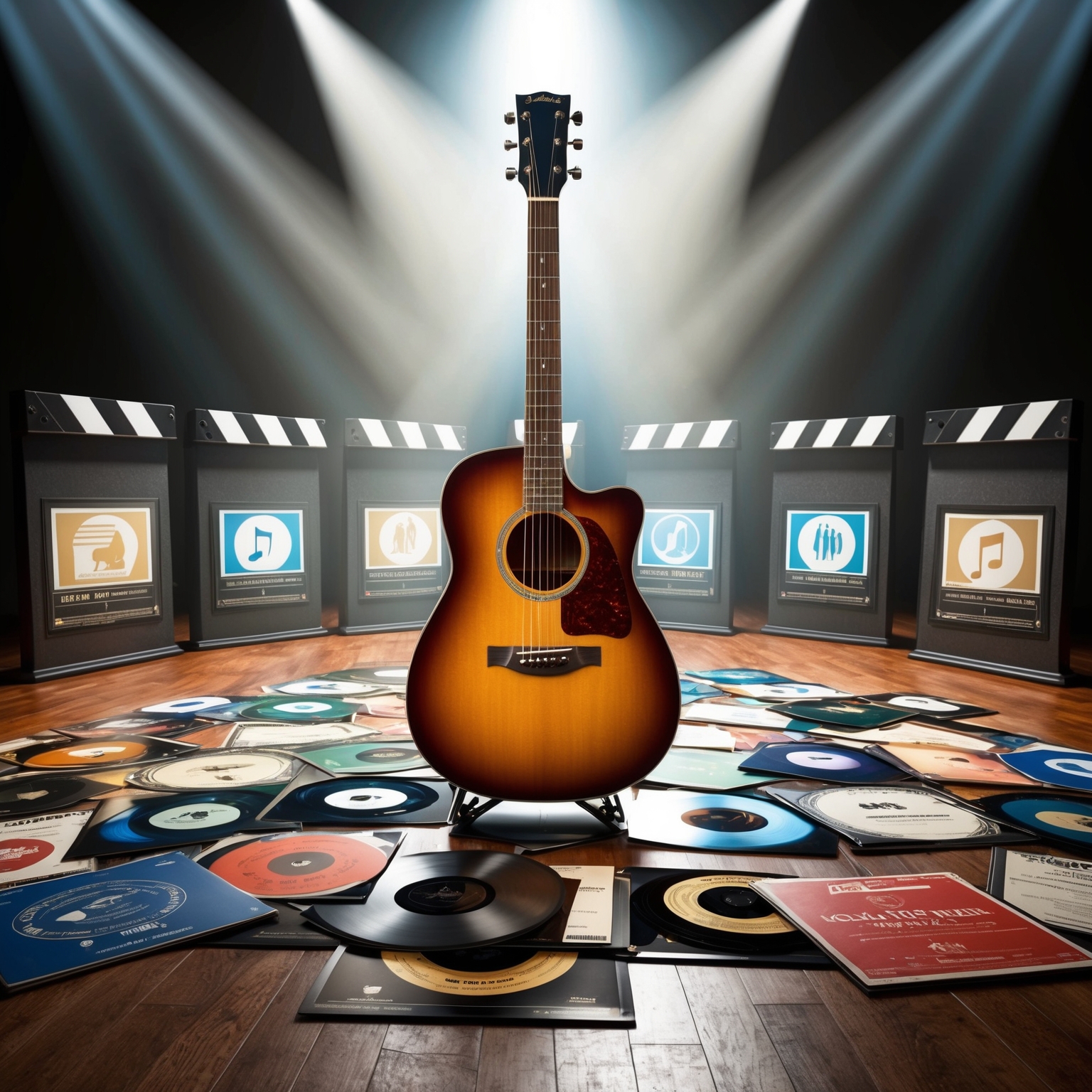 An iconic acoustic guitar in a spotlight surrounded by music award icons, symbolizing songs