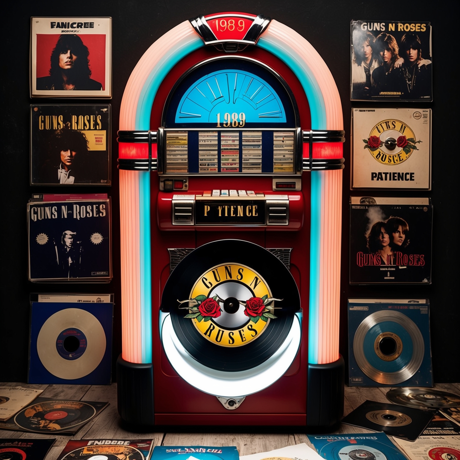 Create an image of a vintage 1989 jukebox surrounded by records of iconic rock bands, with a spotlight on the record sleeve of Guns N