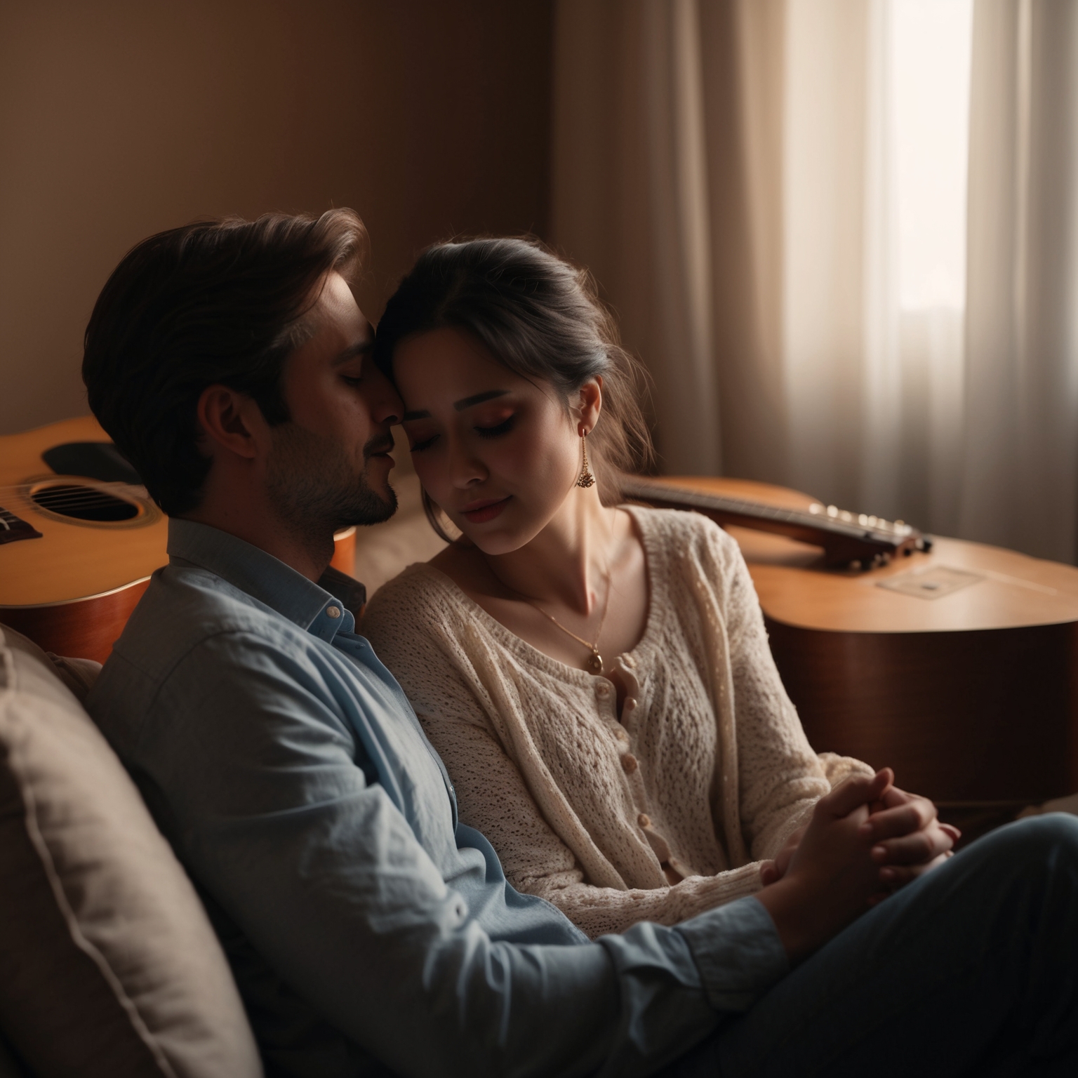 An intimate scene capturing the essence of longing and patience in a romantic setting, with soft lighting and subtle emotional expressions. Acoustic guitar in the background with a melancholic atmosphere, reflecting the depth and tenderness of the song