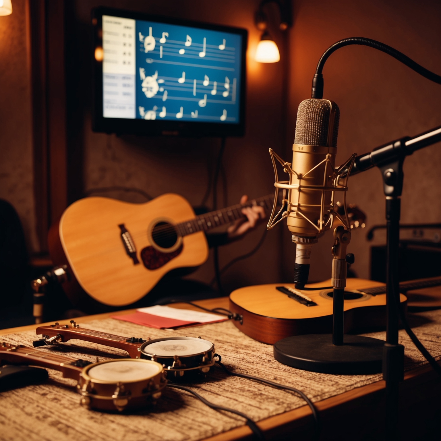 A cozy recording studio with acoustic guitars, a tambourine, and a microphone setup. There