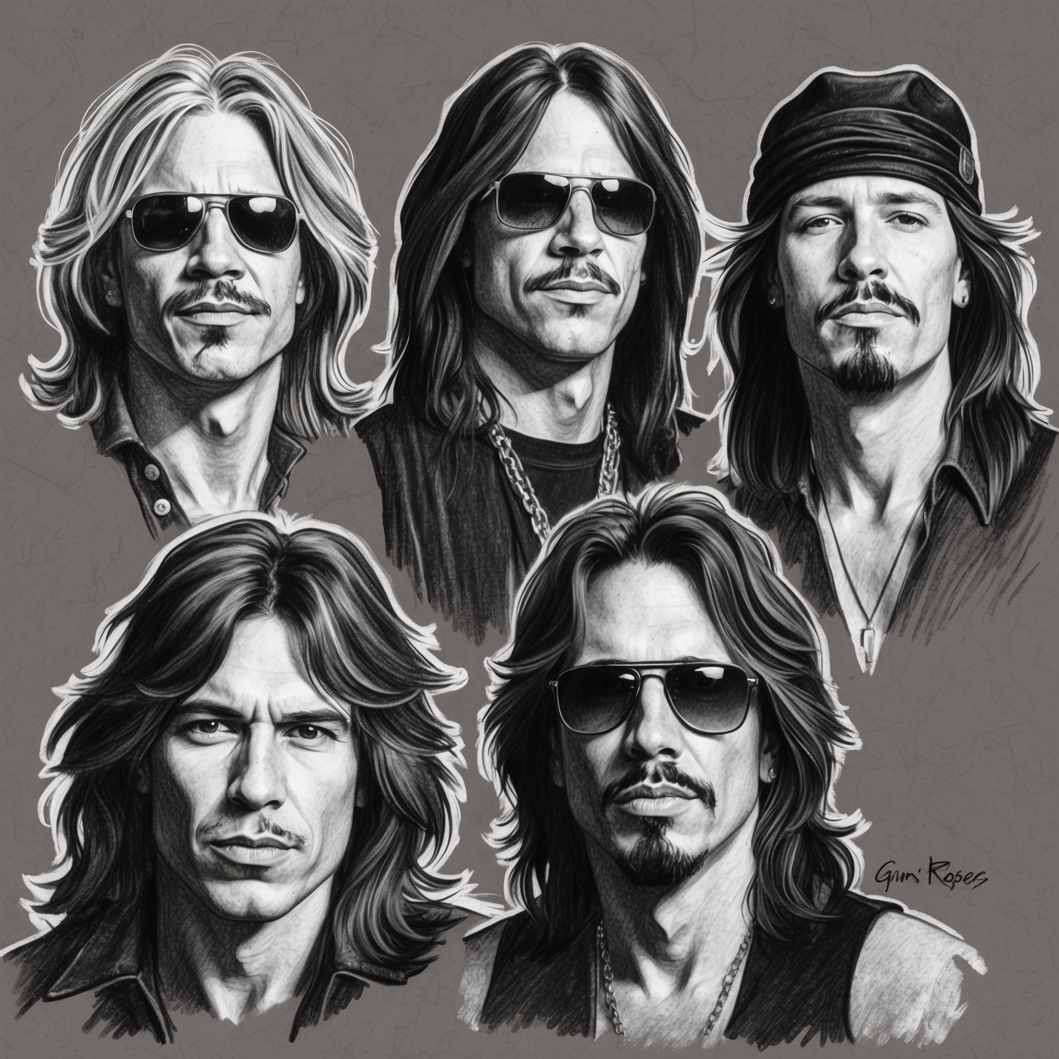 Create a charcoal, stylistic drawing of Guns N