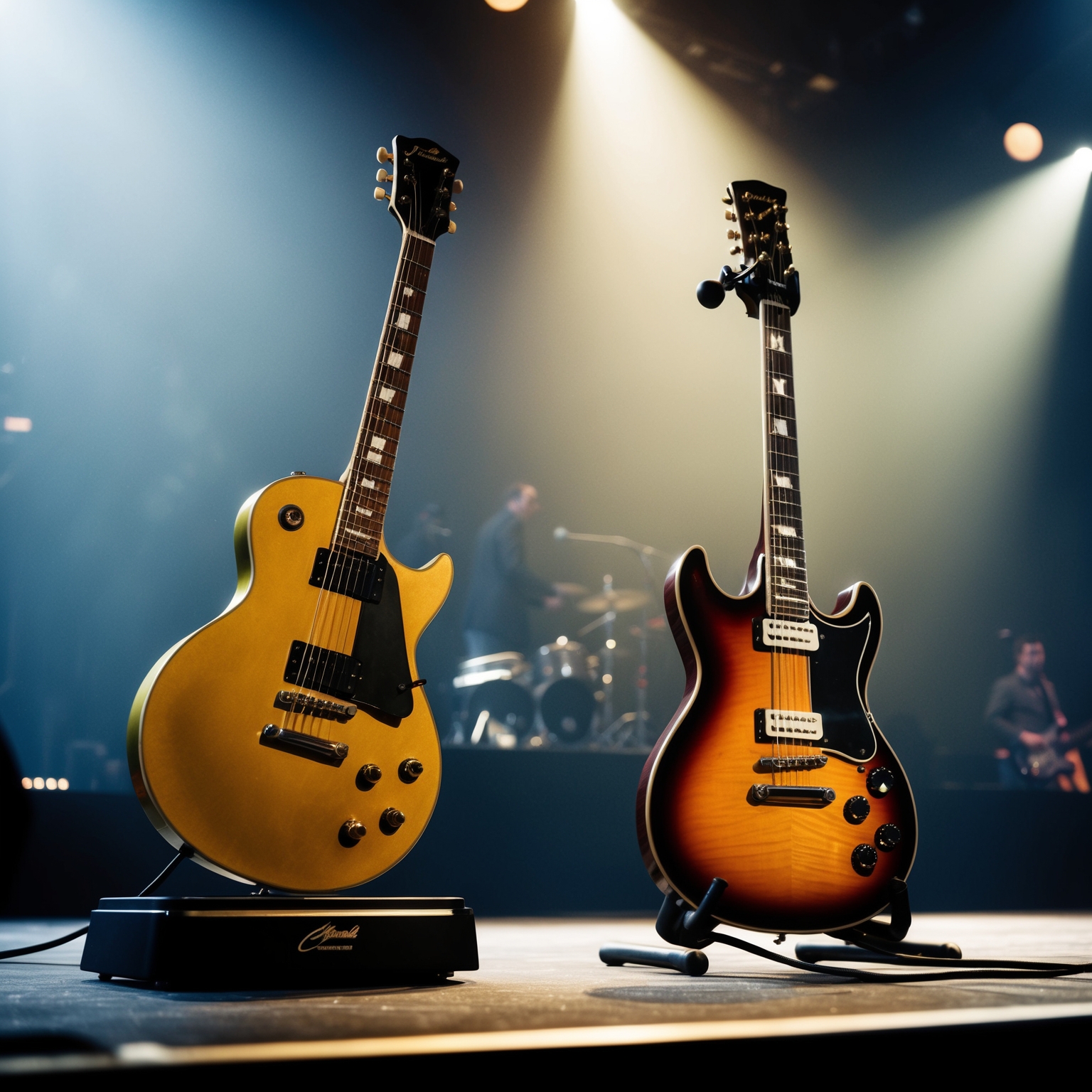 Image of a classic rock award ceremony setting, guitar on stage, grunge influences, dim lights, vintage music awards atmosphere, no specific artist visible, focus on an iconic gold microphone and electric guitar.