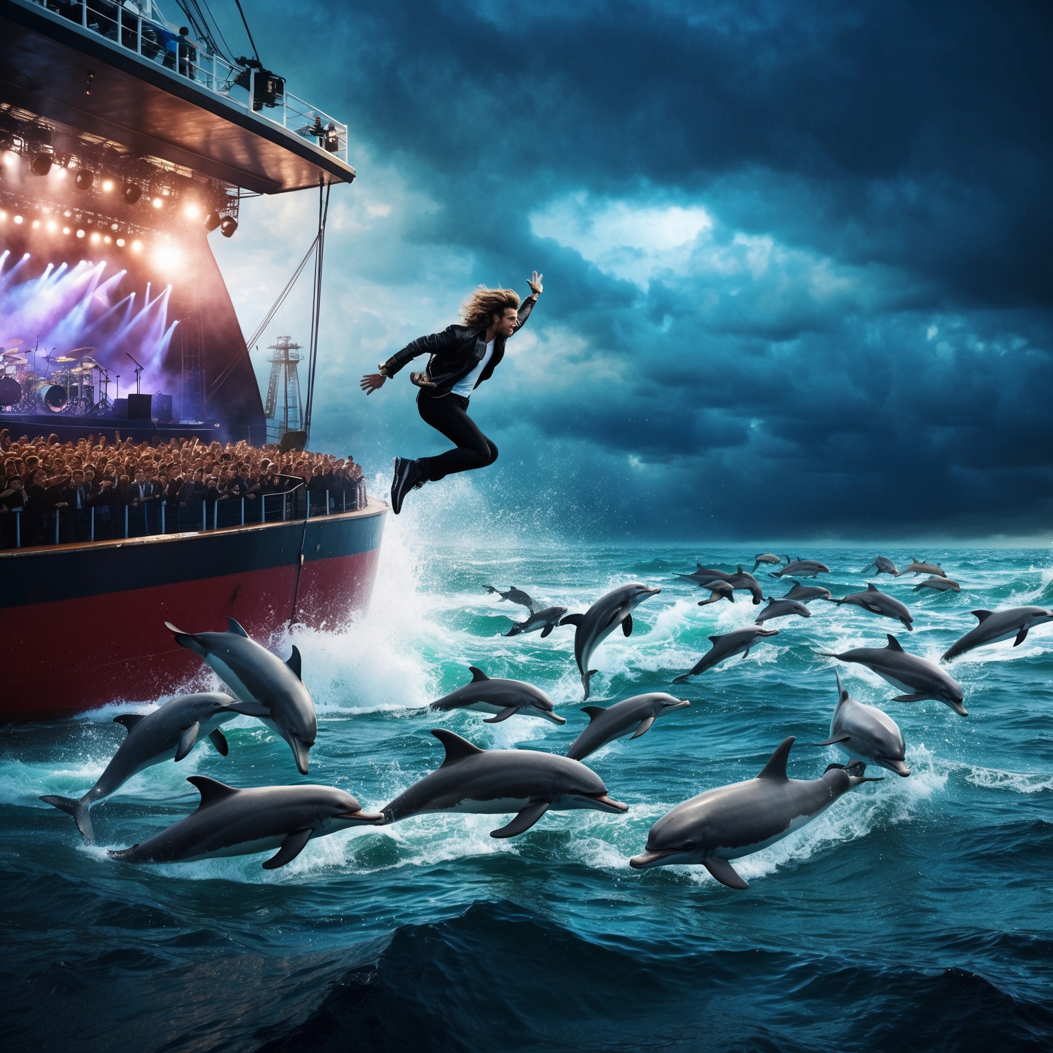 Create an image showcasing a dramatic ocean scene, with a rock musician diving from a ship into stormy waters, swarmed by surrealistic dolphins. The backdrop features a live concert stage with dazzling lights and crowd, capturing the essence of a rock ballad music video with emotional intensity and visual spectacle.