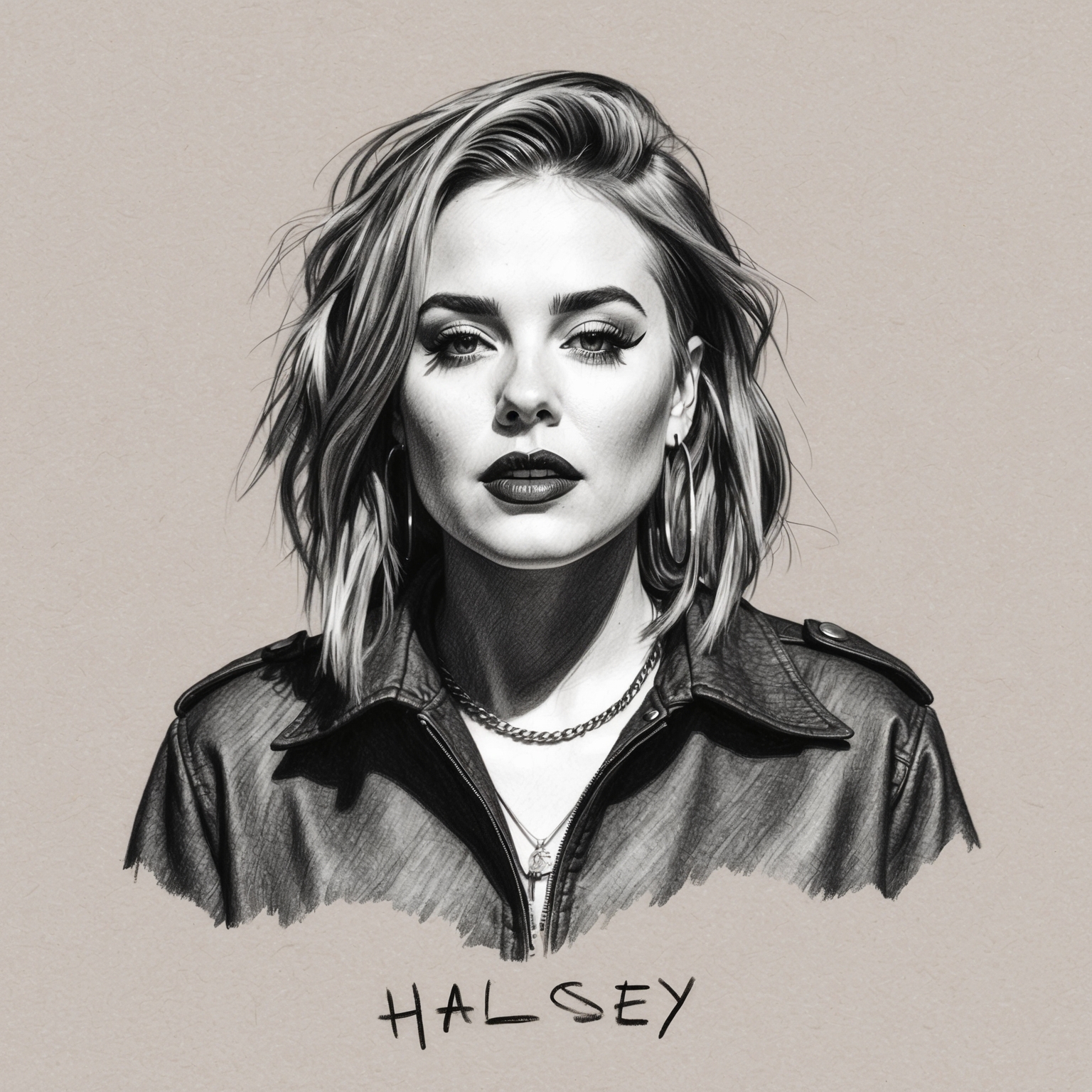 Create a black and white charcoal portrait of Halsey, capturing her essence with a half-finished feel. The drawing should be stylistic, reflecting her artistic identity and the emotion in her music.