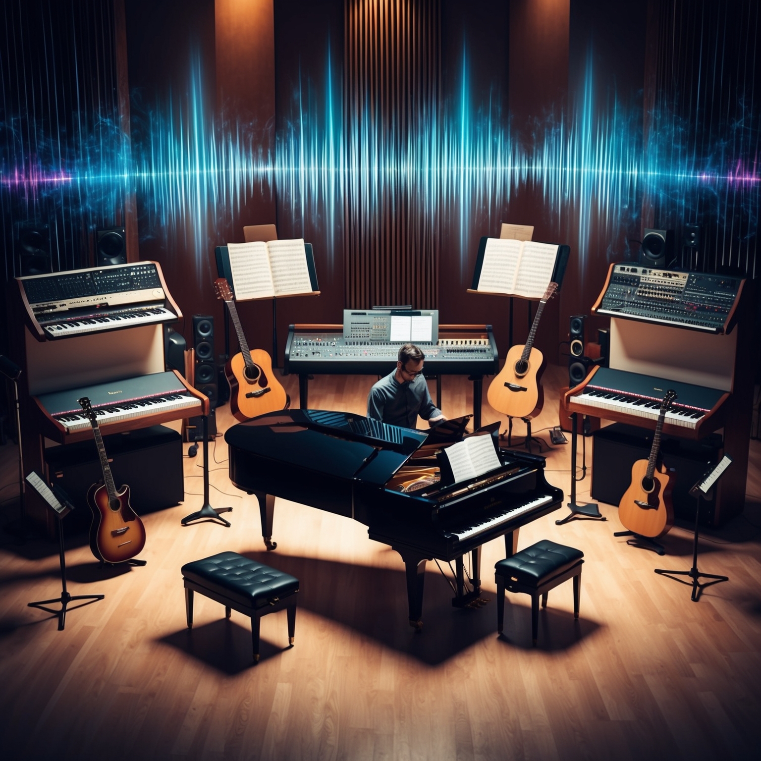 A sophisticated, modern music studio setting with an array of instruments such as a grand piano, guitars, and a mixing board. A figure is engaged in composing, surrounded by vibrant sound waves and sheet music, capturing the meticulous process of music creation in a contemporary environment.