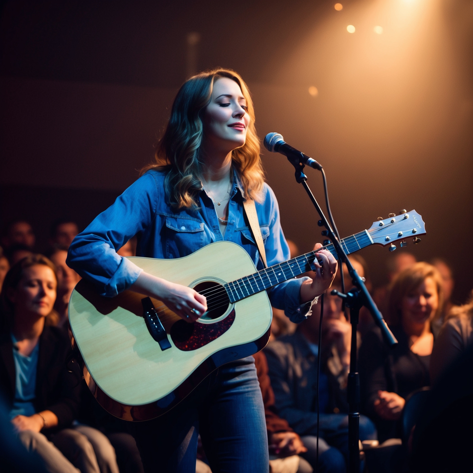 A serene artistic depiction of a live music performance, highlighting a female performer on stage with an acoustic guitar, amidst a captivated audience. The performance exudes nostalgia and emotional resonance. The setting is an intimate, low-lit venue, with soft, warm color tones.