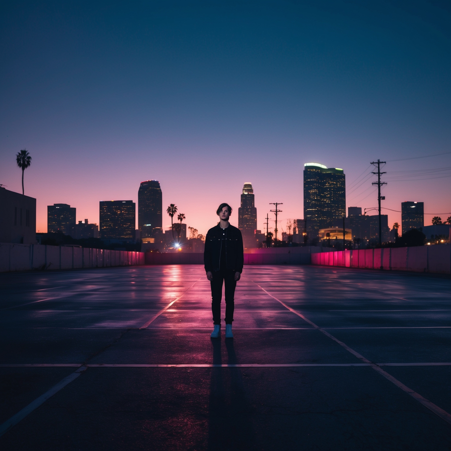 A surreal music video setting featuring an empty Los Angeles cityscape at twilight, with a solitary figure (Halsey) standing amidst vibrant lights and shadows, conveying isolation amidst urban chaos. The scene blends realism with dreamlike elements, offering a visually striking and emotive experience.