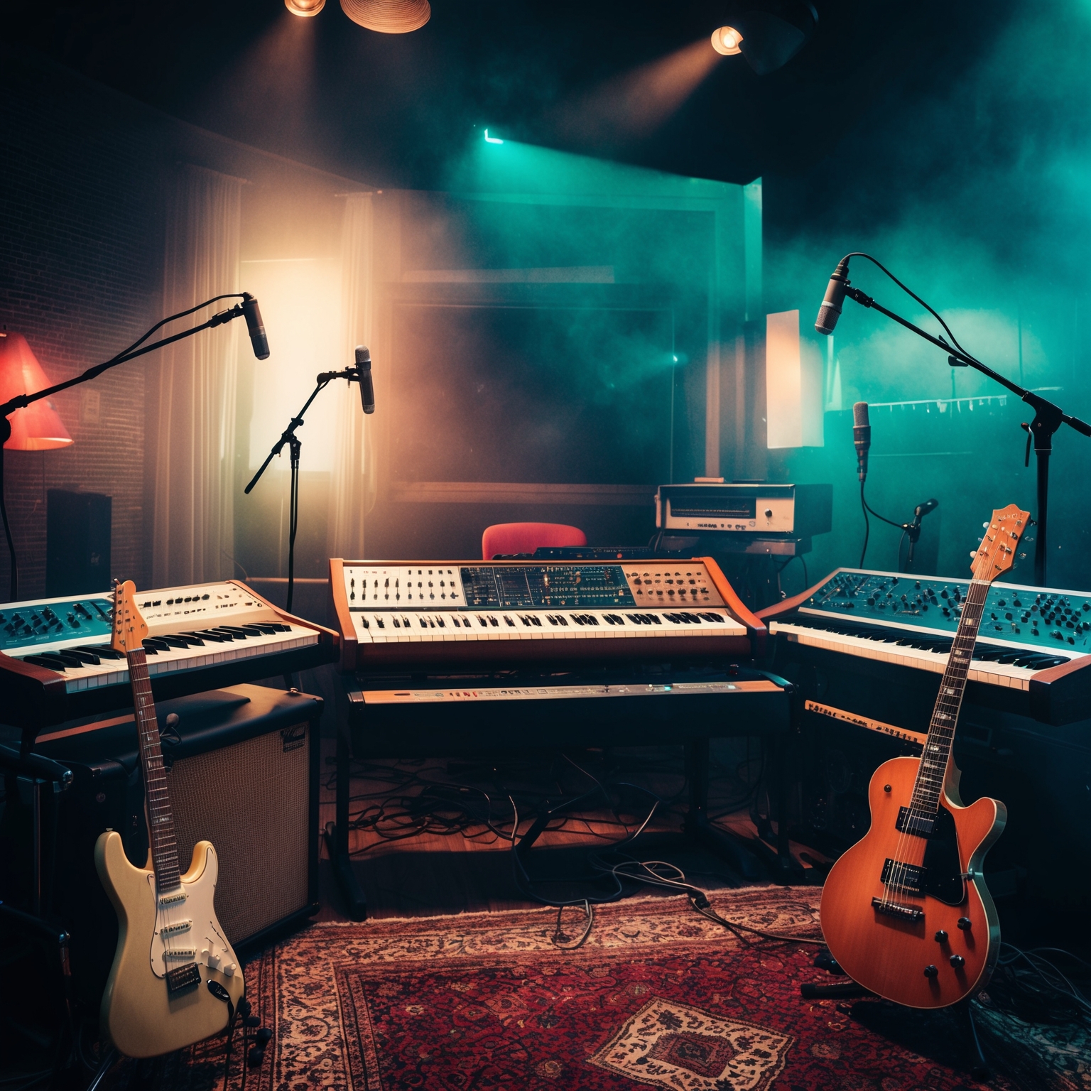 Design a digital collage of a recording studio with ambient lighting, synthesizers, electric guitars, and vocal microphones. Include abstract, dreamy elements to capture the ethereal atmosphere of a Halsey recording session, conveying creativity and technical precision.