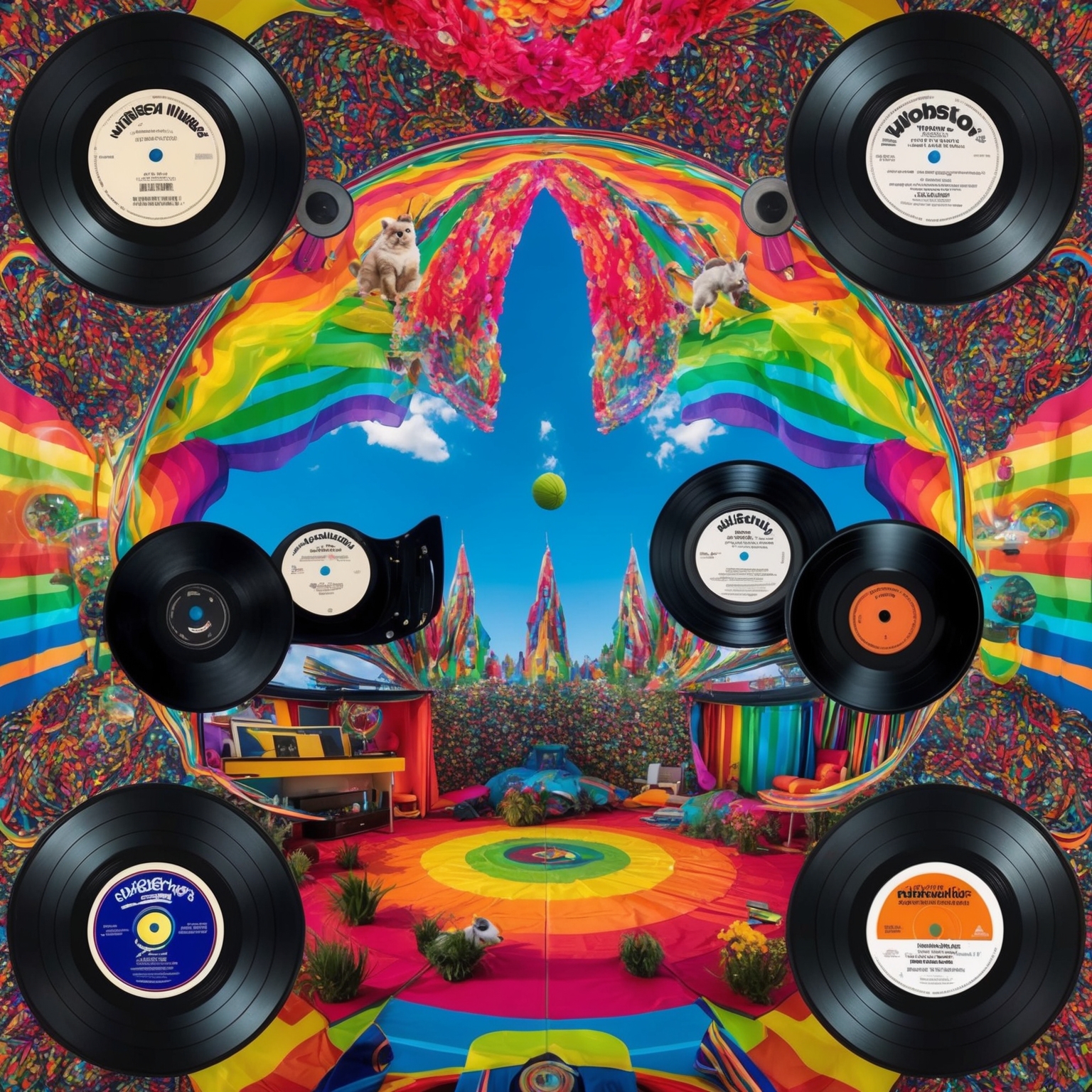 Create an image that depicts the psychedelic era of the 1960s with a focus on the vibrant colors and imagery reminiscent of Jefferson Airplane