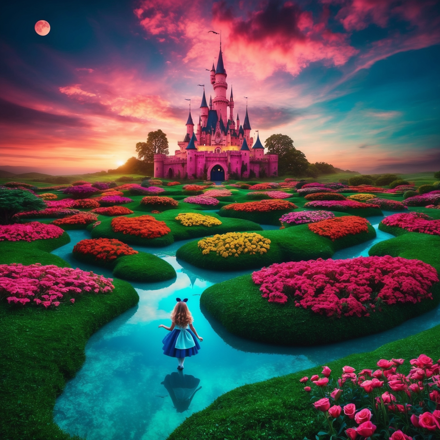 Surreal landscape inspired by Alice in Wonderland, vibrant colors, dream-like atmosphere, symbolic references to consciousness, psychedelic 1960s vibe