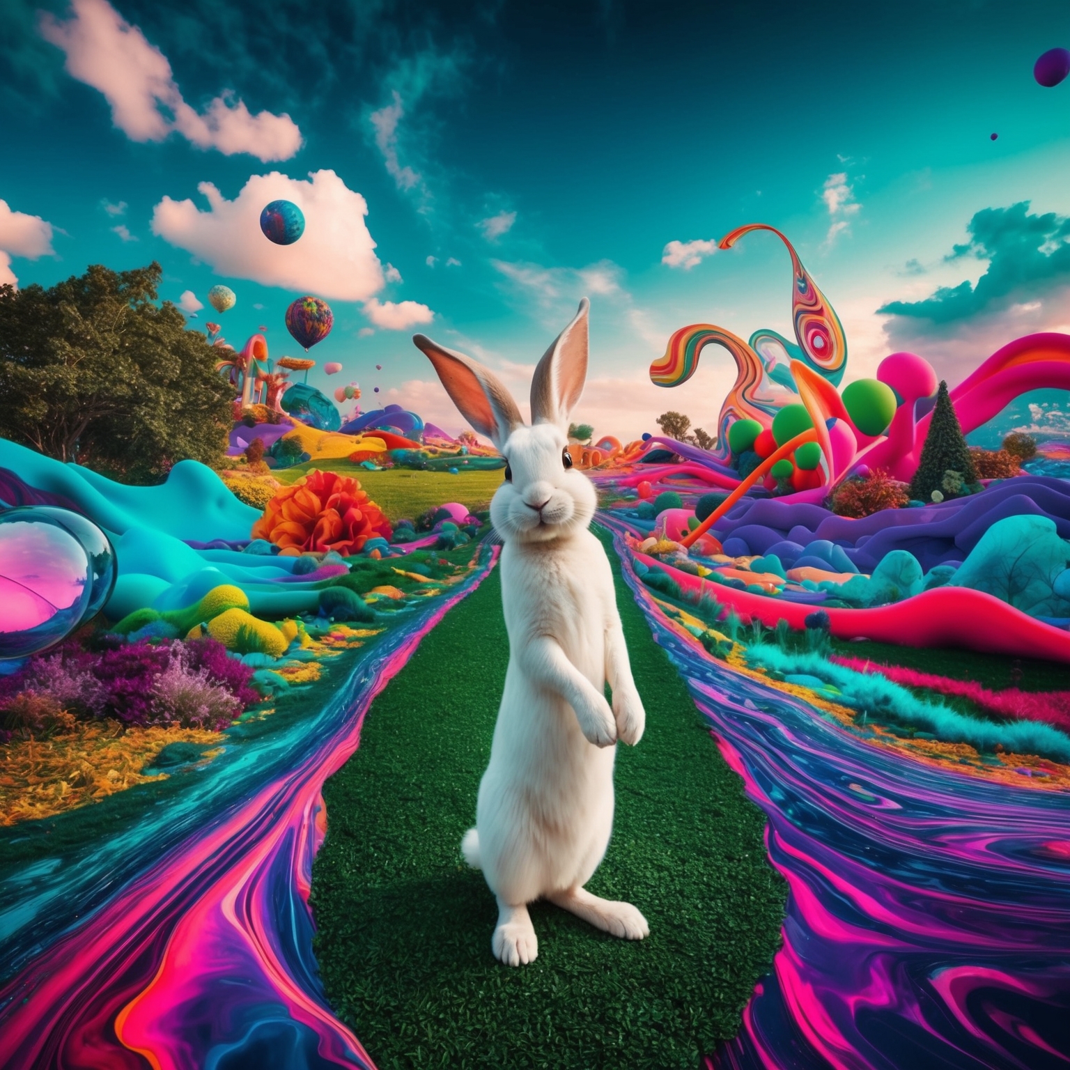 Create a psychedelic scene inspired by the song White Rabbit, combining elements of surreal wonderland imagery with vibrant colors and dreamlike sequences. Focus on capturing a sense of exploration and heightened awareness, with visual motifs such as whimsical landscapes, abstract shapes, and fluid, dynamic backgrounds that echo the psychedelic era of the 1960s.