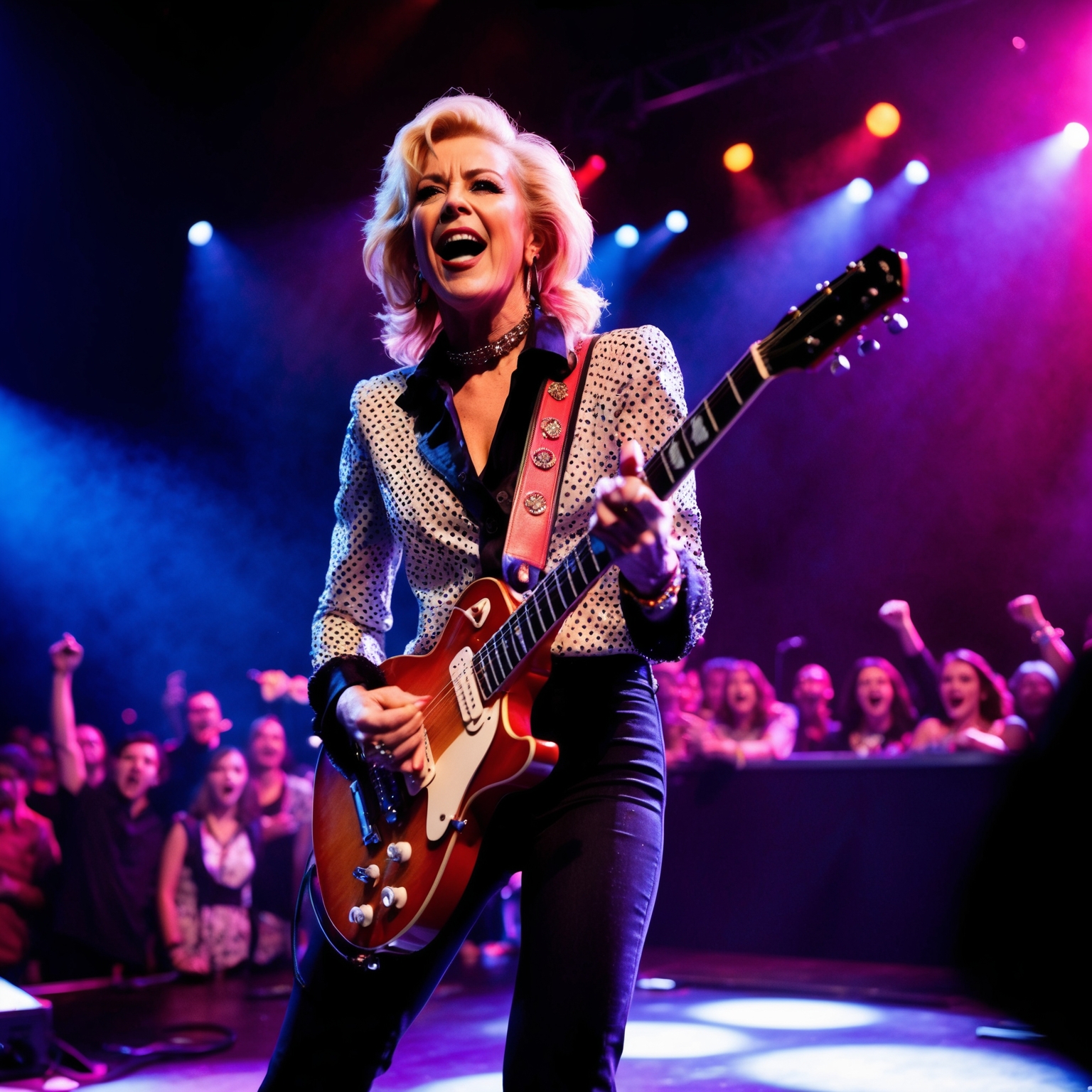 A dynamic image capturing Joan Jett performing 