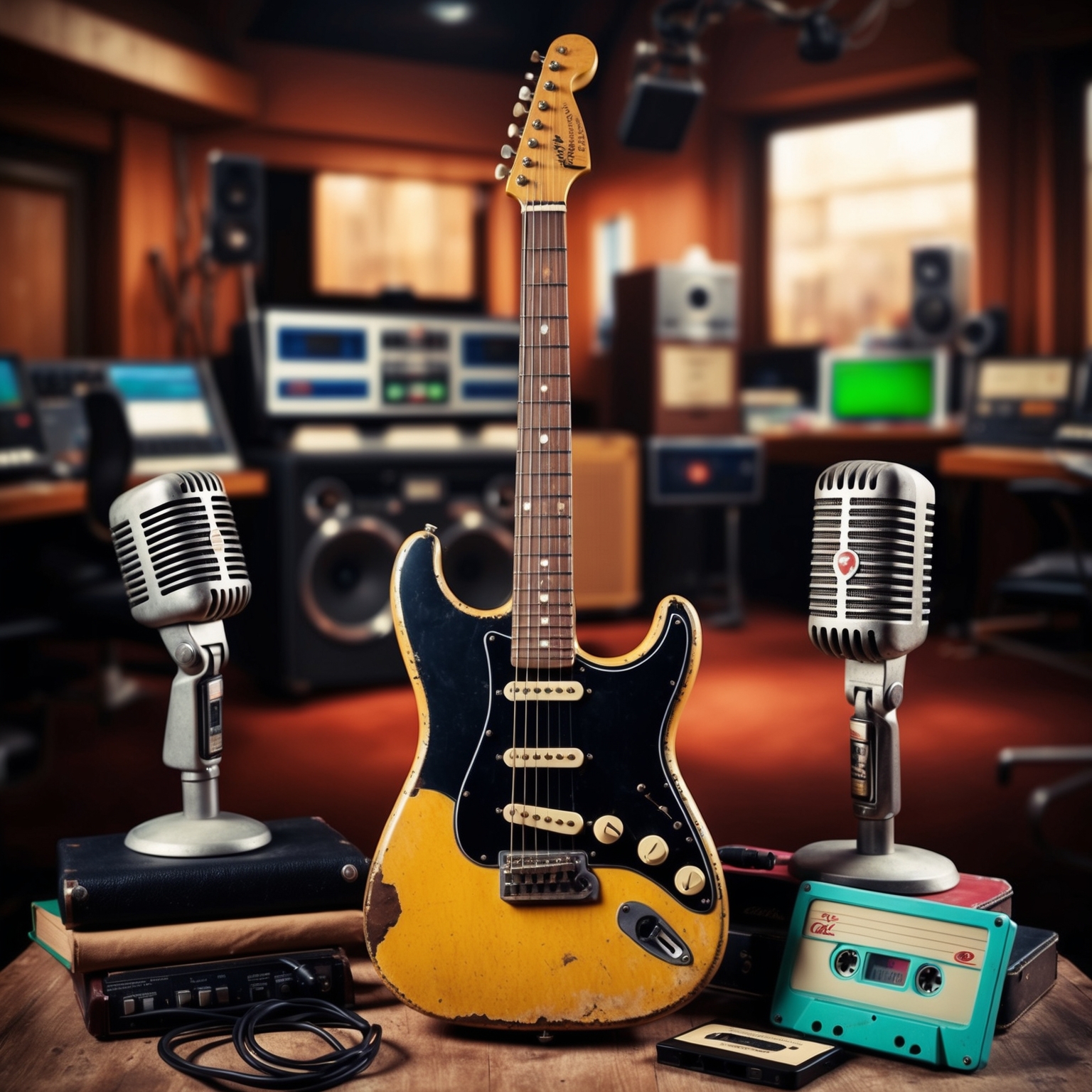 A vintage electric guitar with a worn-out look, surrounded by classic rock elements such as a retro microphone and an old-school cassette tape, all set against the backdrop of a bustling recording studio filled with equipment, reflecting a blend of rock and nostalgia.