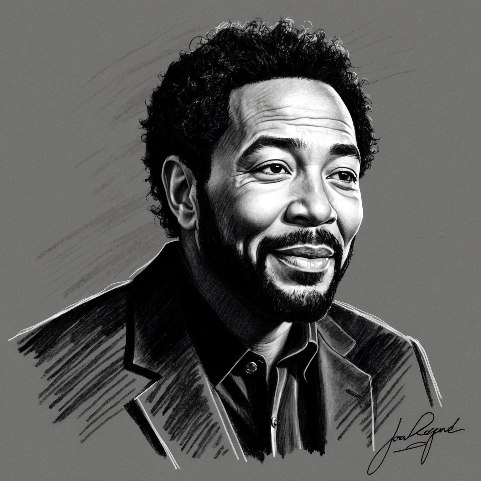 Charcoal, stylistic drawing of John Legend, capturing his signature soulful expression. Black and white portrait with a half-finished feel, showcasing his distinct profile and musical essence.