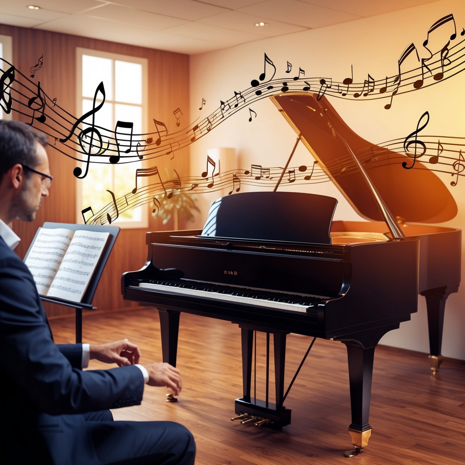 Illustrate a professional music studio environment with a piano, depicting a composer at work, immersed in the process of creating a soulful melody. The setting should have a warm and inviting ambiance, with musical notes flowing around, symbolizing creativity and inspiration.