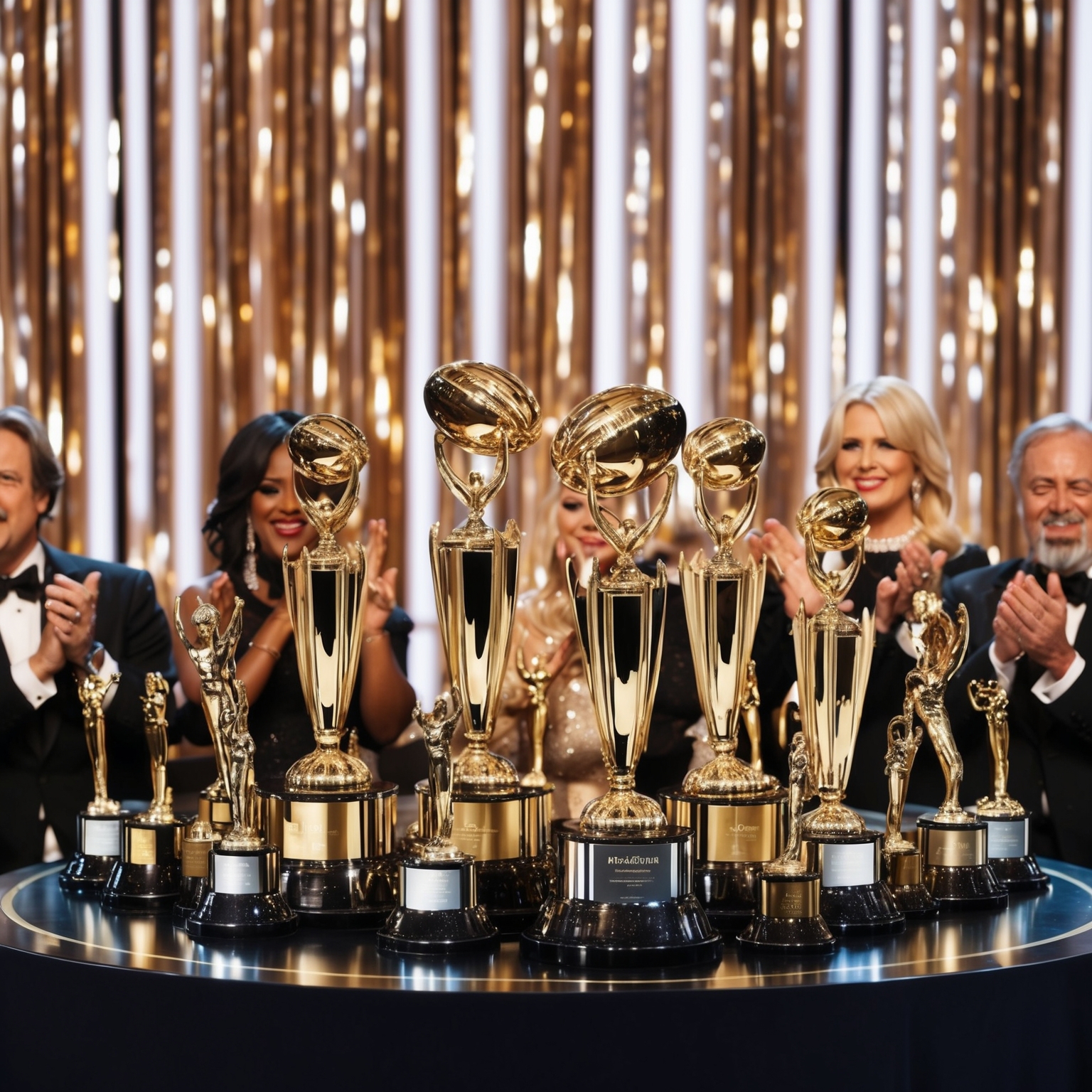 An elegant and captivating scene depicting a prestigious music awards ceremony, with highlights on various trophies and applause, capturing the celebration of achievements in the music industry, set against a backdrop of shimmering lights and glamorous decor.