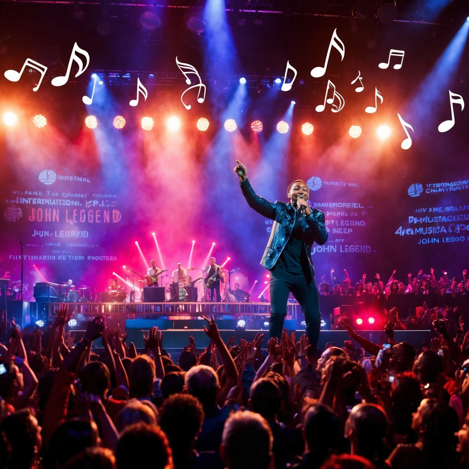 A powerful image of a music concert showing an enthusiastic audience illuminated by stage lights, with John Legend singing passionately on stage; vibrant colors, musical notes floating in the air, background depicting international chart symbols and musical accolades.