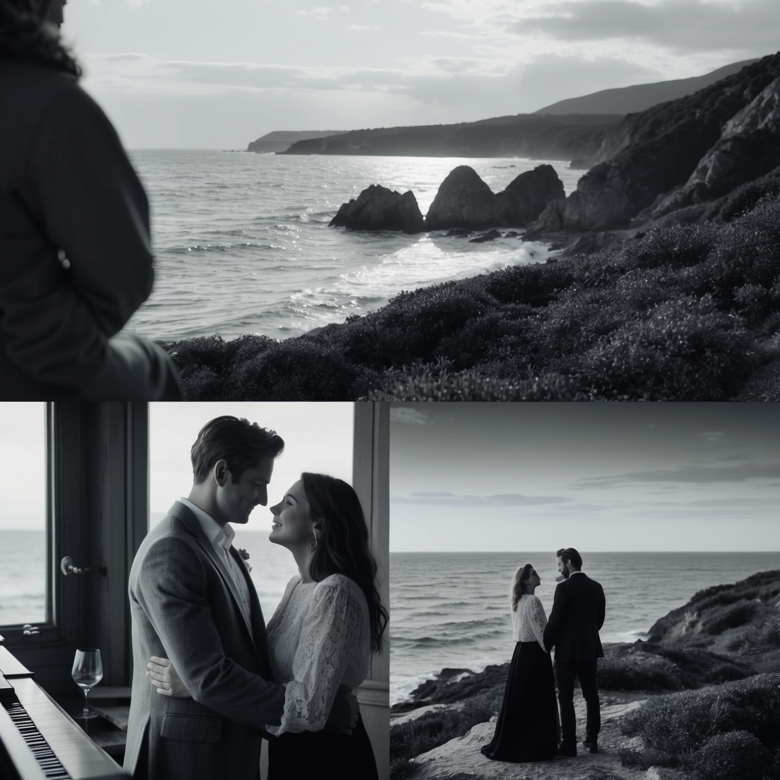 A cinematic black and white music video scene for a romantic piano ballad. Featuring a couple at a coast, embracing realism and emotion with timeless simplicity. Intimate domestic and picturesque coastal settings.