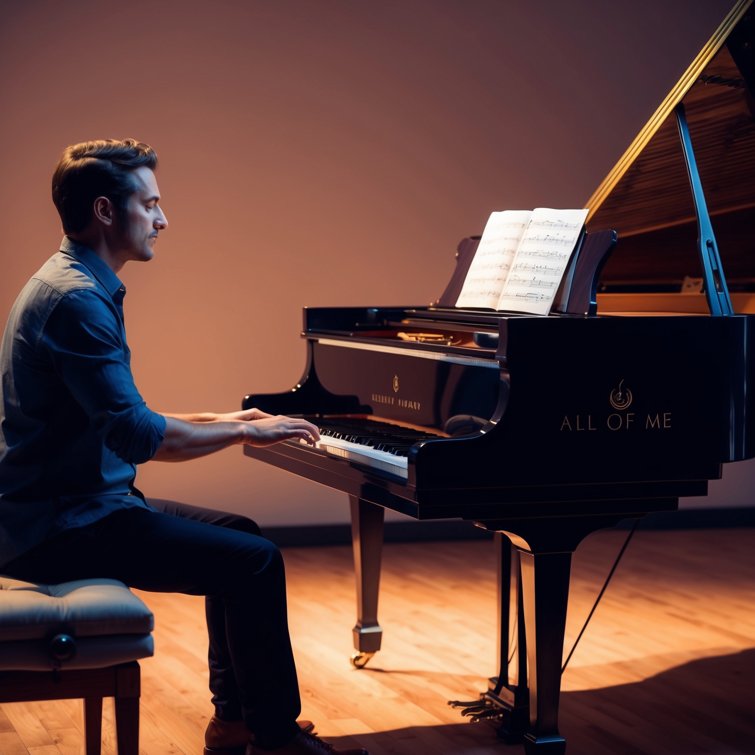 Create an artistic interpretation of a piano being played in a dimly-lit studio, capturing the essence of heartfelt music production. Incorporate sheet music in the background on a wooden piano stand, warm lighting casting soft shadows, evoking a sense of emotional depth and intimacy that could reflect the creation of 