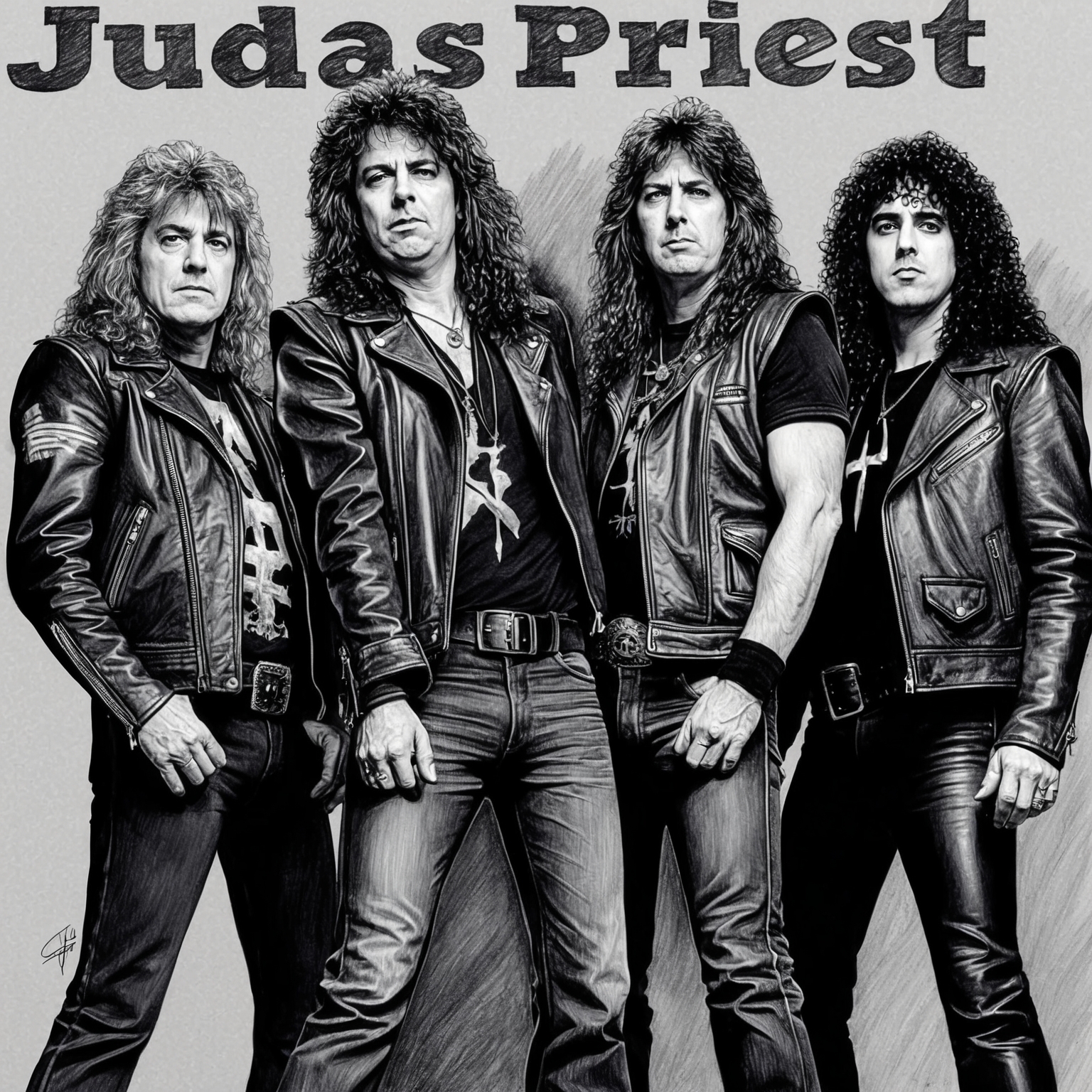 Create a charcoal, stylistic drawing of Judas Priest, capturing the energy of the band