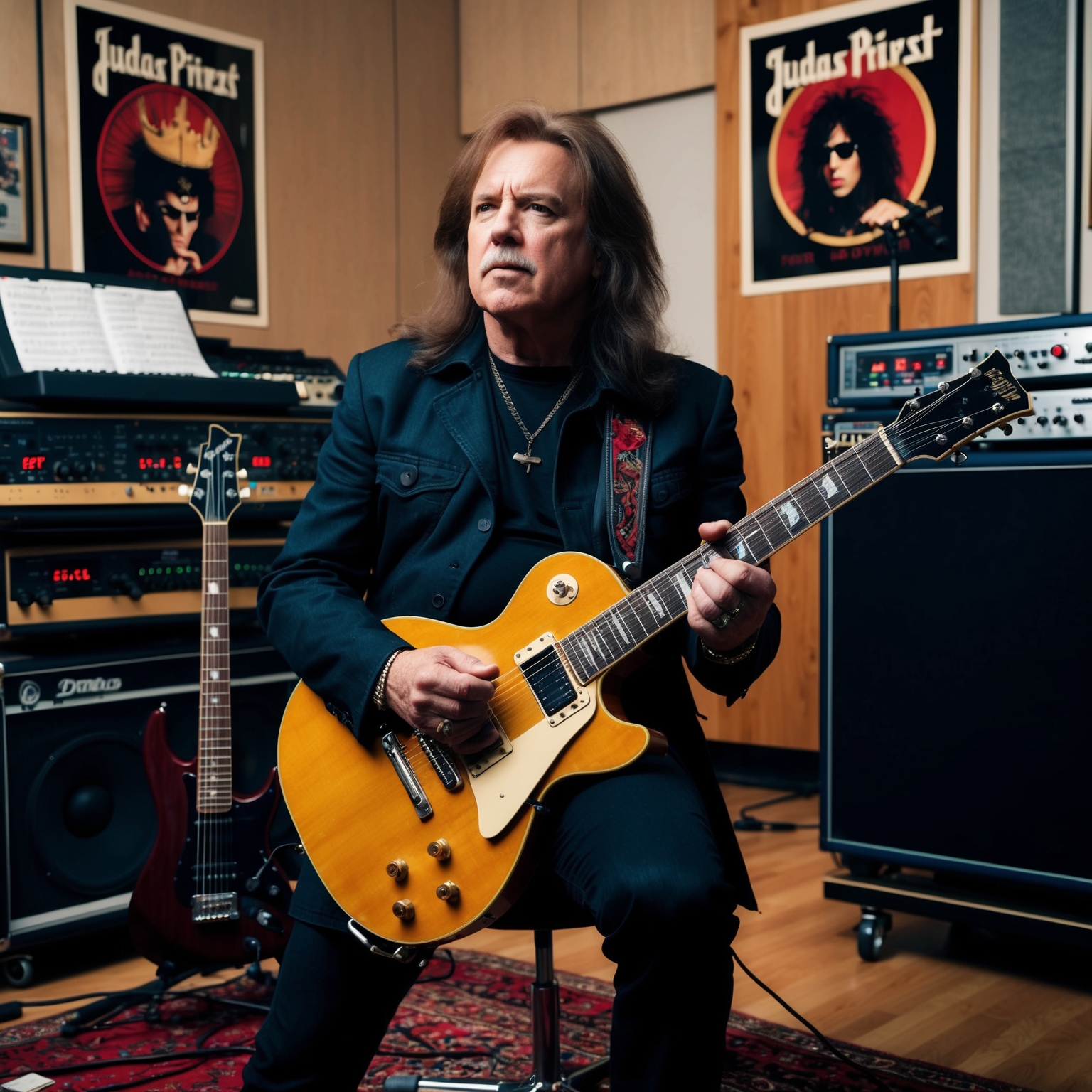 An image of Ken Downing in the studio, holding a guitar, surrounded by musical equipment. The setting captures a 1980s rock vibe, with posters and album covers of Judas Priest visible in the background. Downing is deep in thought, illustrating his role as a composer.