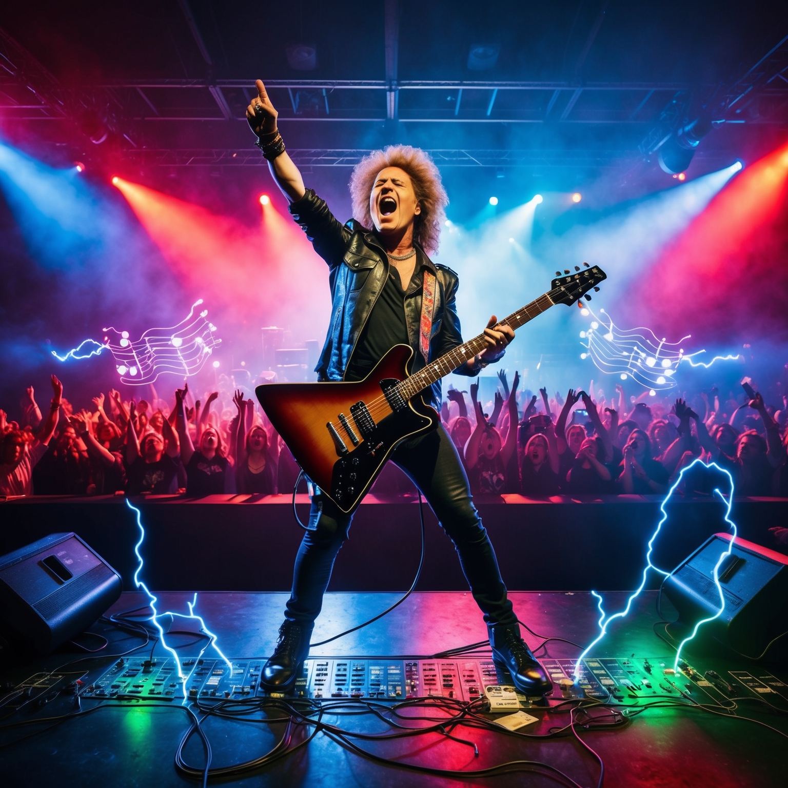 Create a dynamic image reflecting a rock concert scene with an energetic lead singer and electric guitar, crowd cheering, colorful stage lights. Capture a 1980s aesthetic, focusing on a heavy metal atmosphere with retro synthesizer elements. Include visual cues like musical notes merging with electric currents to symbolize innovation in music.