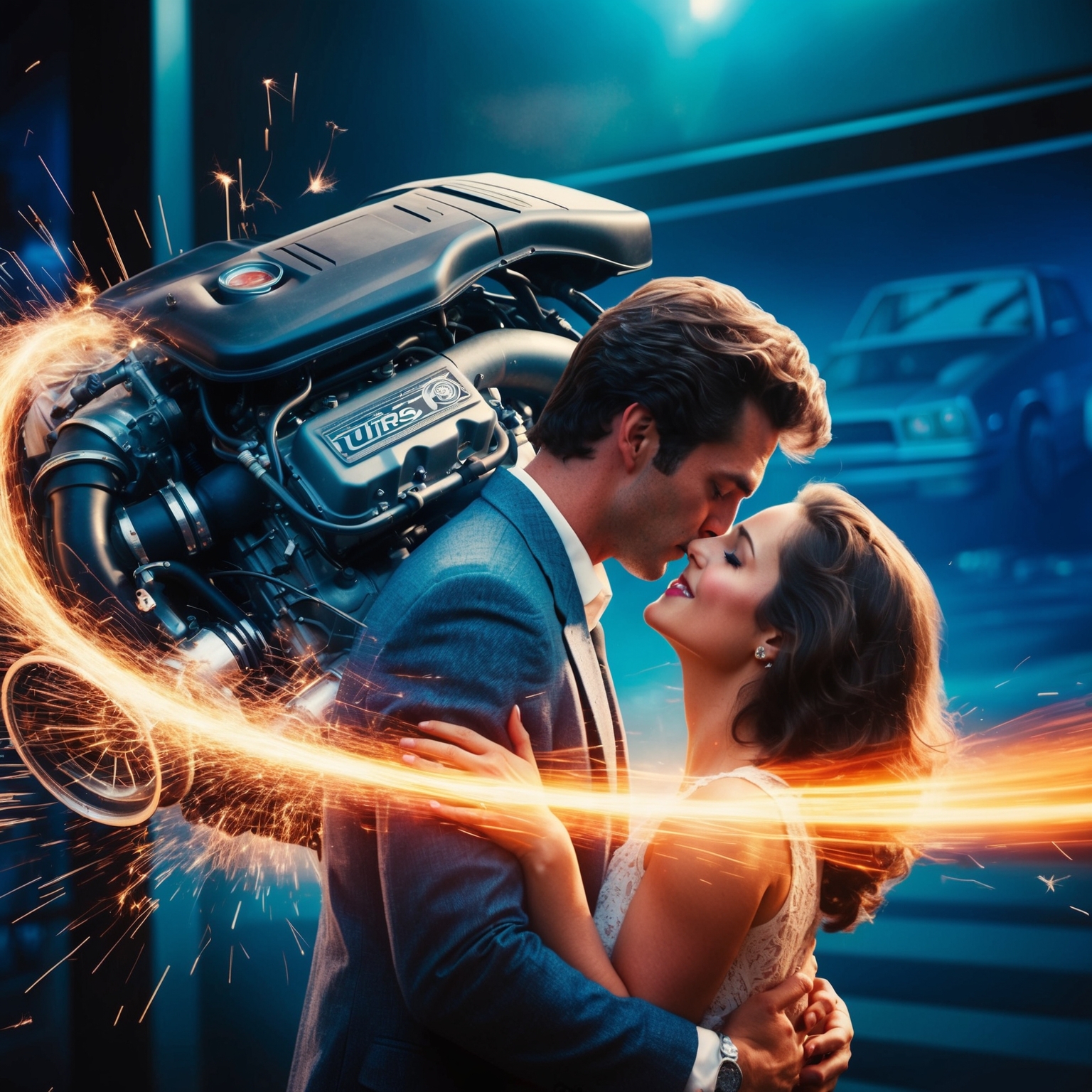 A dynamic image of a turbo-charged engine merging with imagery of a couple in a romantic embrace, set against a backdrop representing the 1980s era; high-speed motion and sparks of intimacy should convey the song