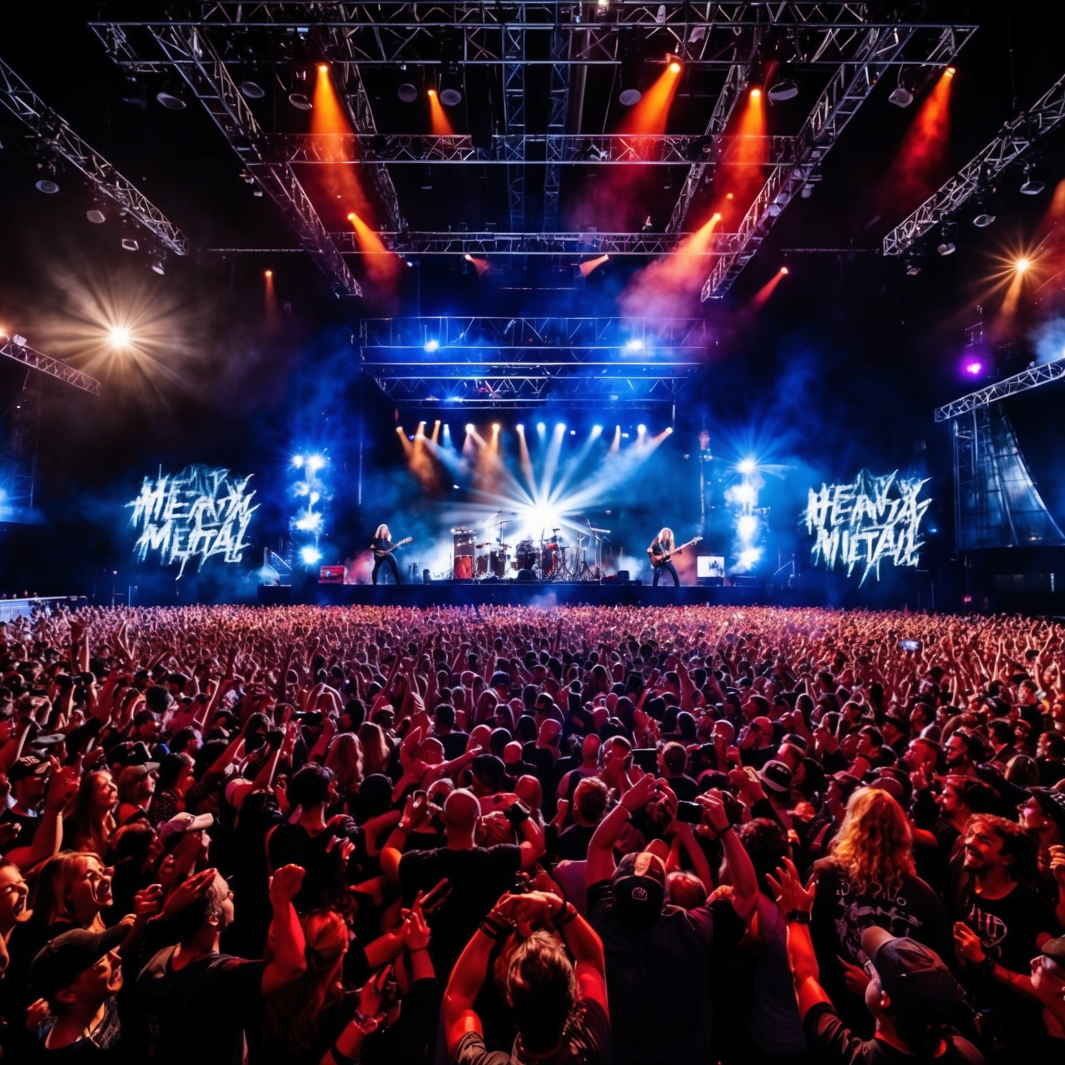 An energetic and dynamic concert scene featuring a large, enthusiastic crowd, with bright stage lights and a heavy metal band in mid-performance, capturing the high-energy essence of a live rock concert.