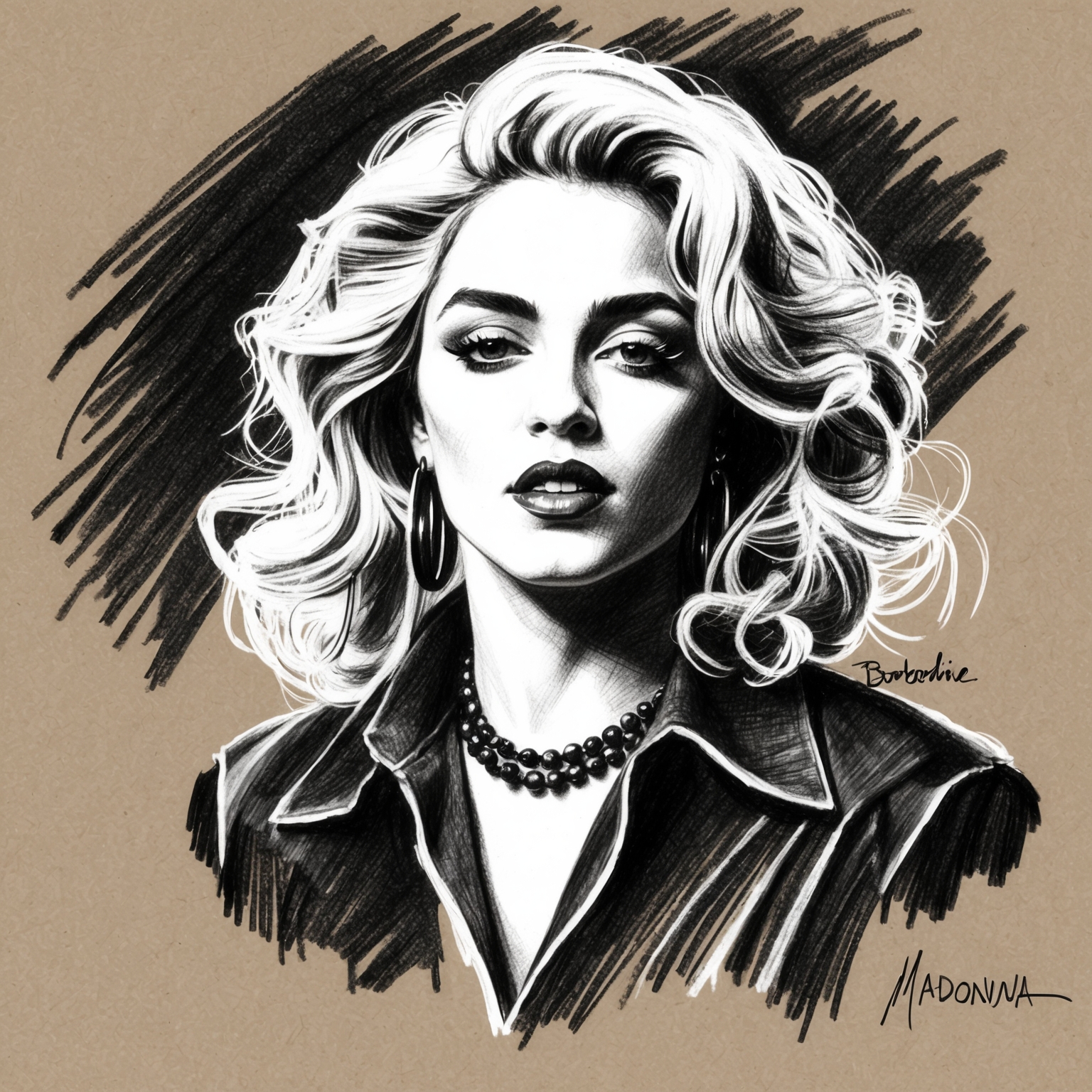 Create a black and white charcoal portrait of Madonna, capturing her as a young artist in the early 1980s during the 