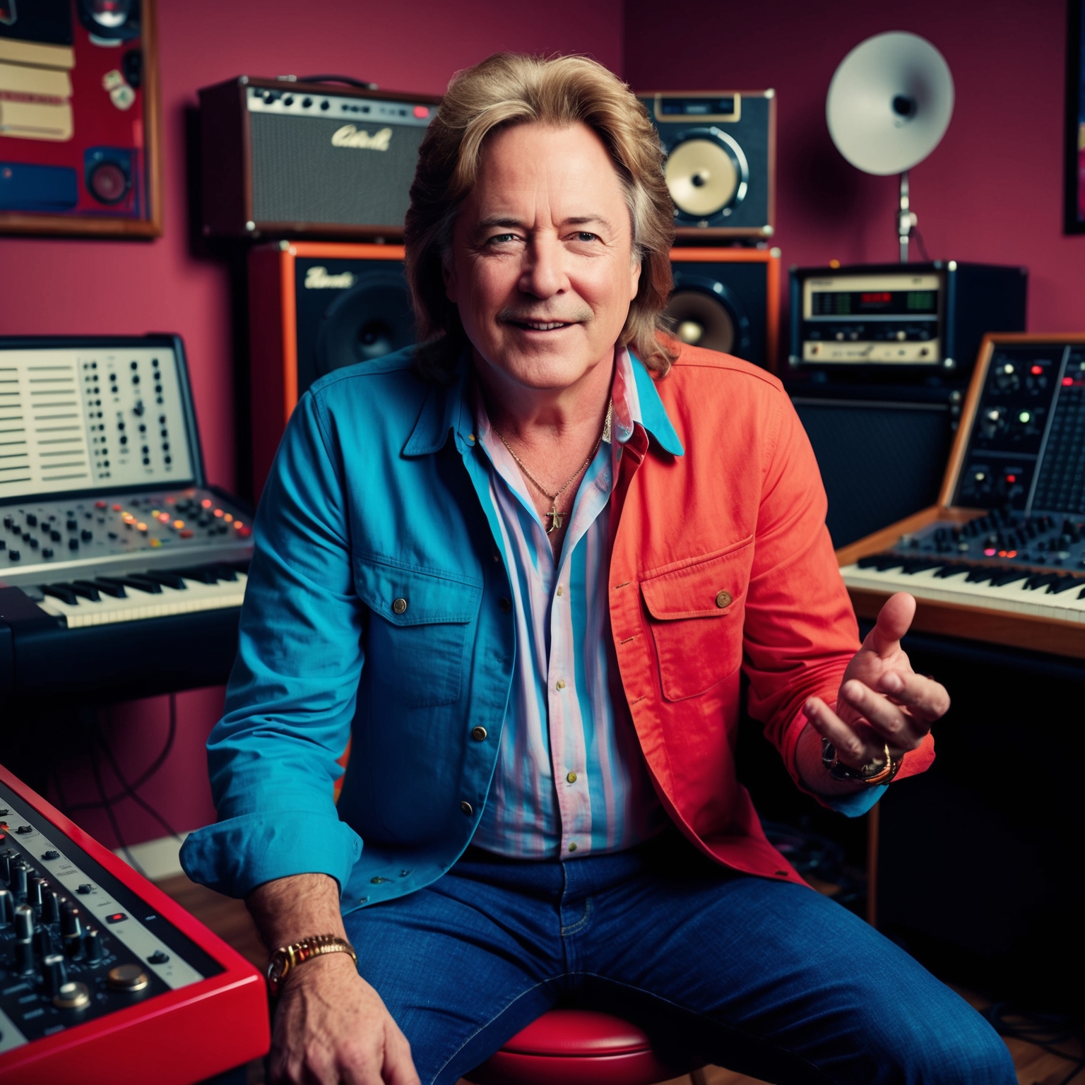 A portrait of Stephen Bray in a music studio, surrounded by instruments and retro recording equipment, exuding the 1980s music vibe with vibrant colors and dynamic expressions.