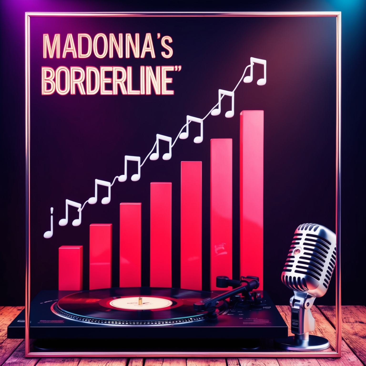 Create an 80s themed digital artwork depicting a chart rising with musical notes symbolizing the climb of Madonna