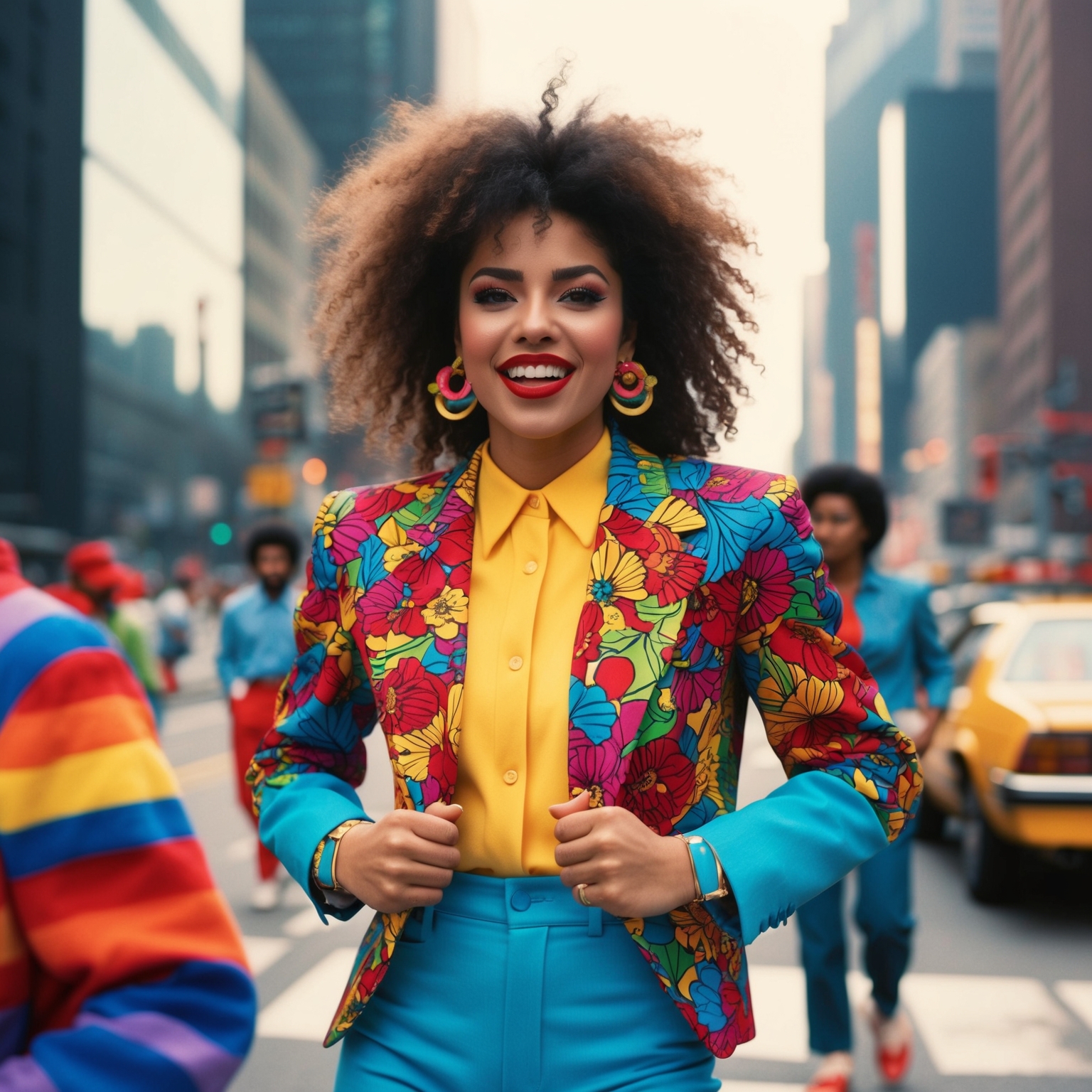 A vibrant 1980s street scene with a young woman in colorful fashion, embodying empowerment and style, amidst a cityscape backdrop, capturing vibrant energy.