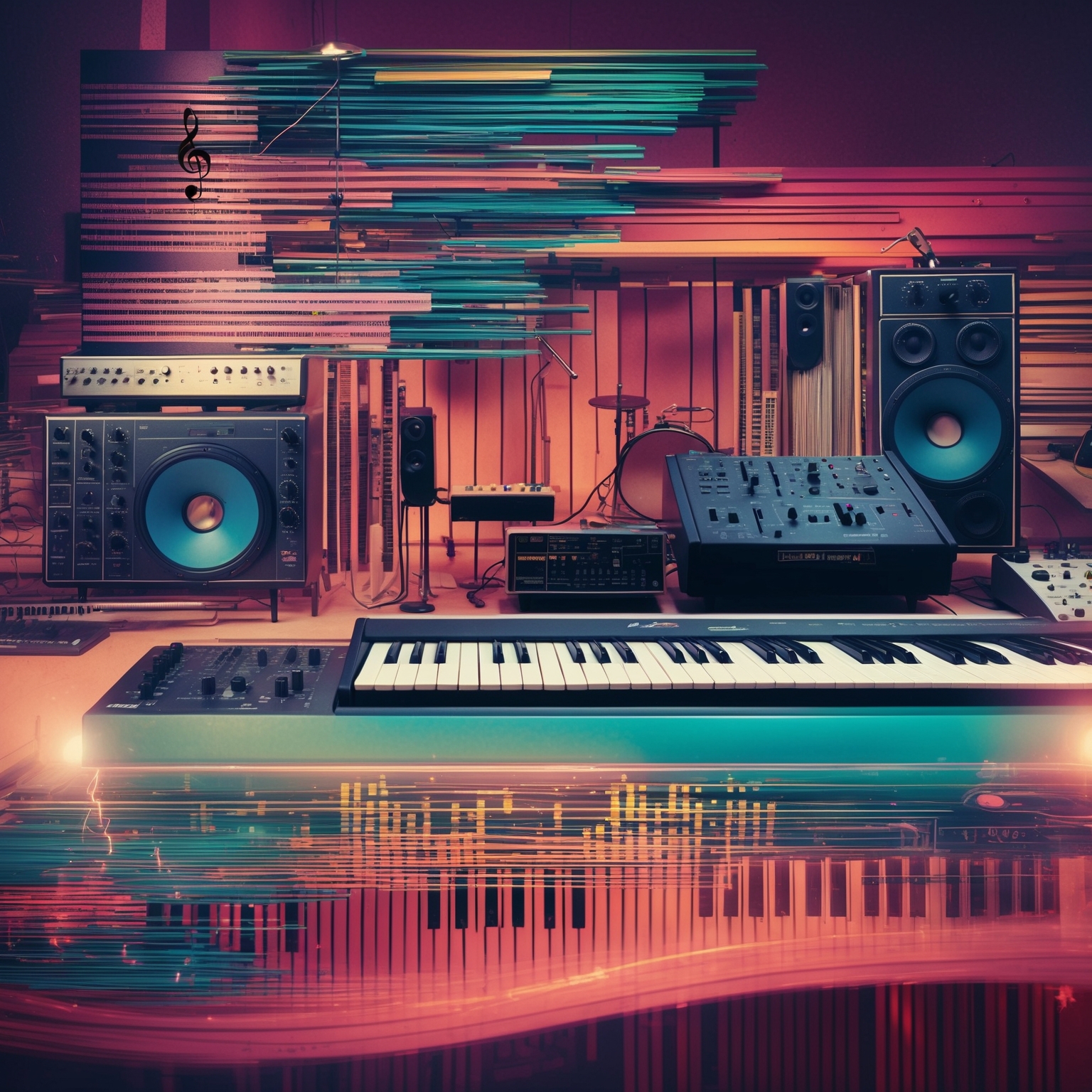 Create an image illustrating a detailed musical anatomy of a 1980s pop song. Incorporate abstract elements representing synthesizers, chord progressions, and a visual metaphor for a recording studio atmosphere, evoking the era