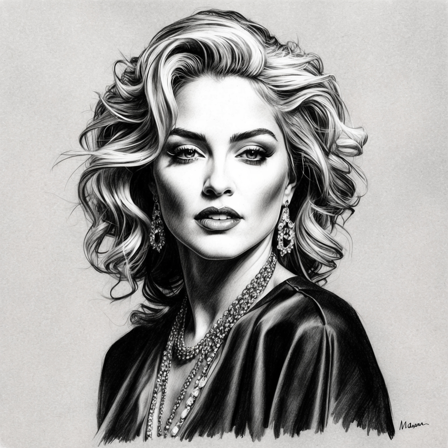 Create a charcoal, black and white stylistic drawing of Madonna. The portrait should have a half-finished feel, capturing her enigmatic aura during the era of her 