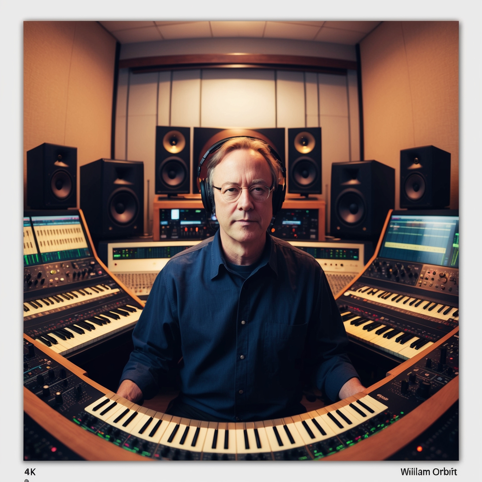 An artistic portrayal of William Orbit in a recording studio, surrounded by electronic music equipment, capturing the essence of a composer blending classical and modern elements to create enchanting soundscapes, depicting late 1990s aesthetics.