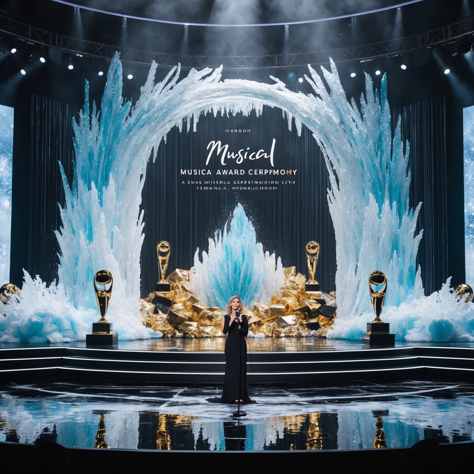 A visually stunning interpretation of a musical award ceremony honoring a song with poignant ethereal soundtrack. The setting is a grand stage with elements that symbolize accolades such as golden trophies, surrounded by captivating visuals inspired by the theme of freezing and transformation. The atmosphere is sophisticated and elegant, embodying the essence of musical excellence.