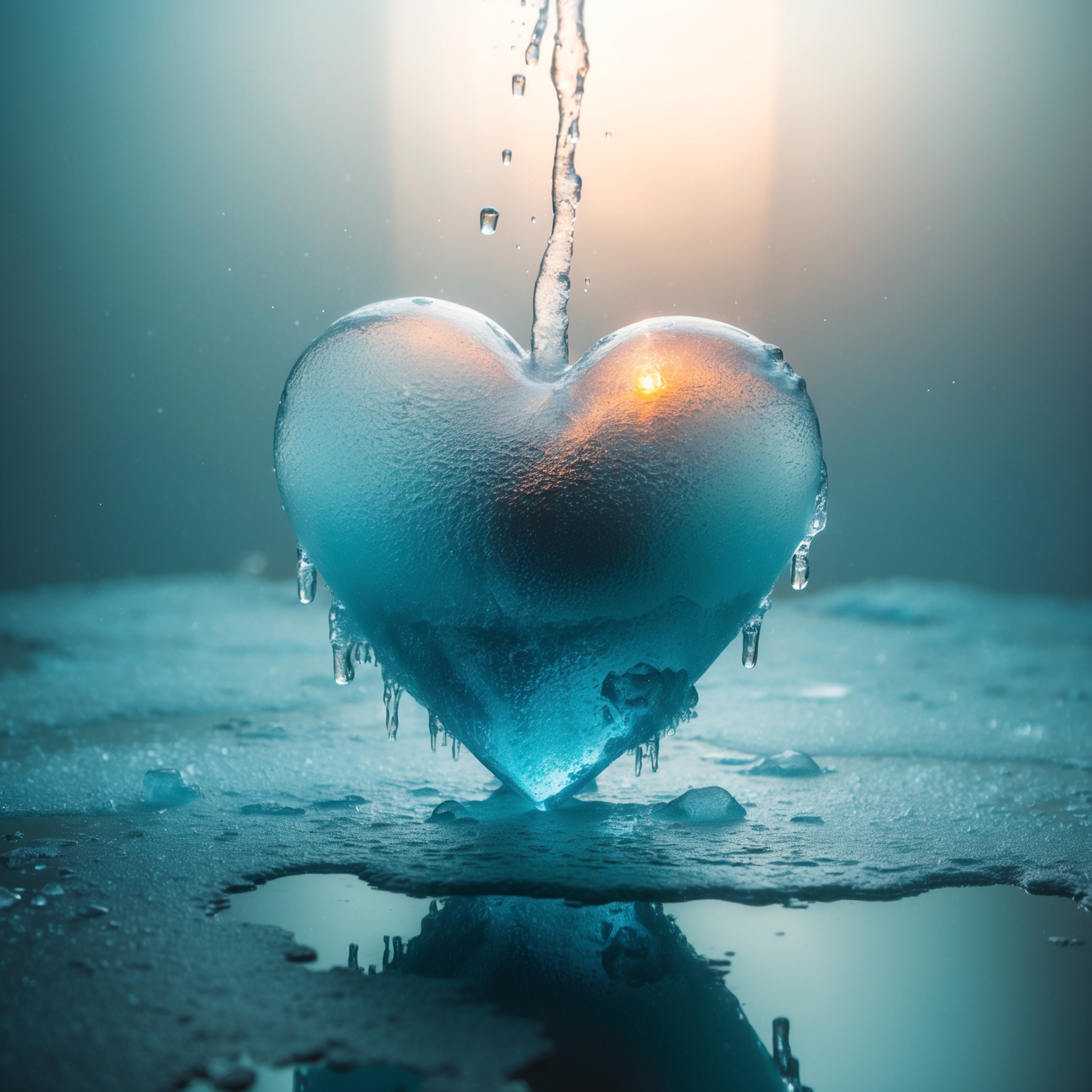 An evocative image capturing a heart frozen in ice, symbolizing emotional coldness, with hints of warmth beginning to melt the surrounding ice. The setting is ethereal, with soft, muted colors conveying a sense of longing and introspection, reflective of the song