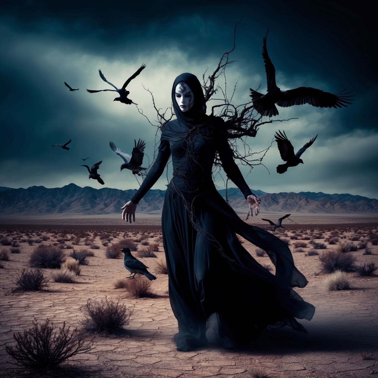 A surreal landscape of the Mojave Desert with dark, haunting elements. Include a mysterious, ethereal figure with shadowy, flowing attire, surrounded by elements of transformation such as birds. Capture the atmospheric, dreamlike quality of the scene.