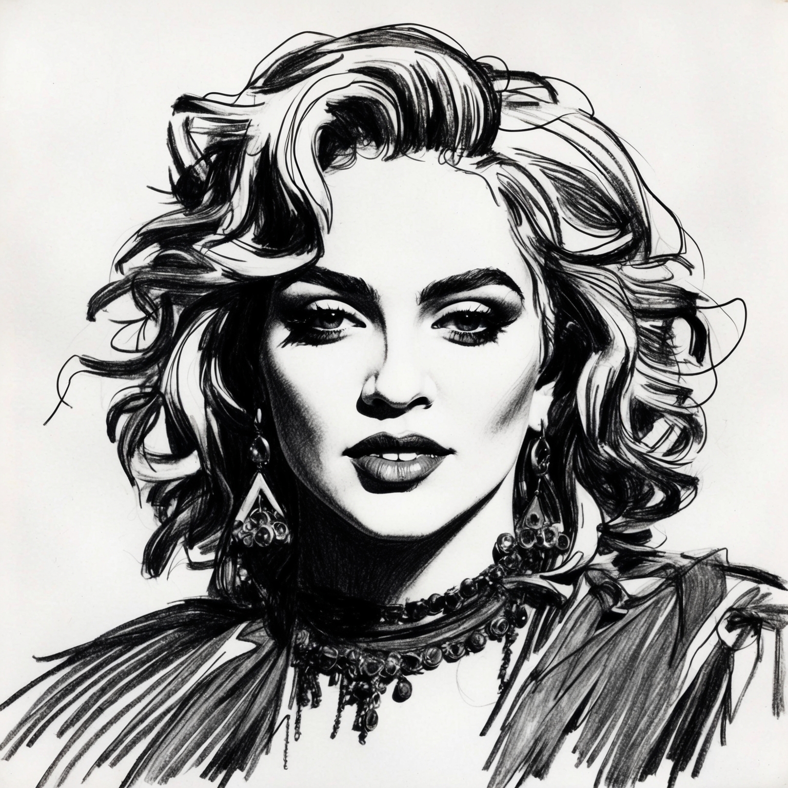 A charcoal, stylistic drawing of Madonna, capturing her iconic look. The image should be black and white, with a half-finished feel, to convey the raw and evolving nature of her artistry.