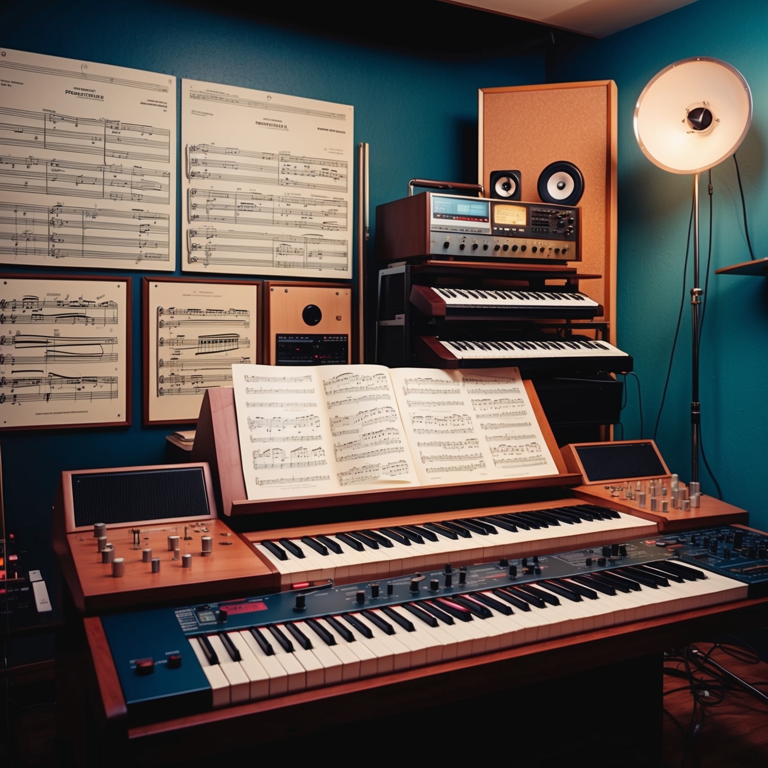 A creative depiction of a music studio from the early 1990s with sheet music, a synthesizer, and pop culture elements of the time. Include subtle nods to classical music influences and vintage recording devices, capturing the essence of collaboration and innovation in music composition.